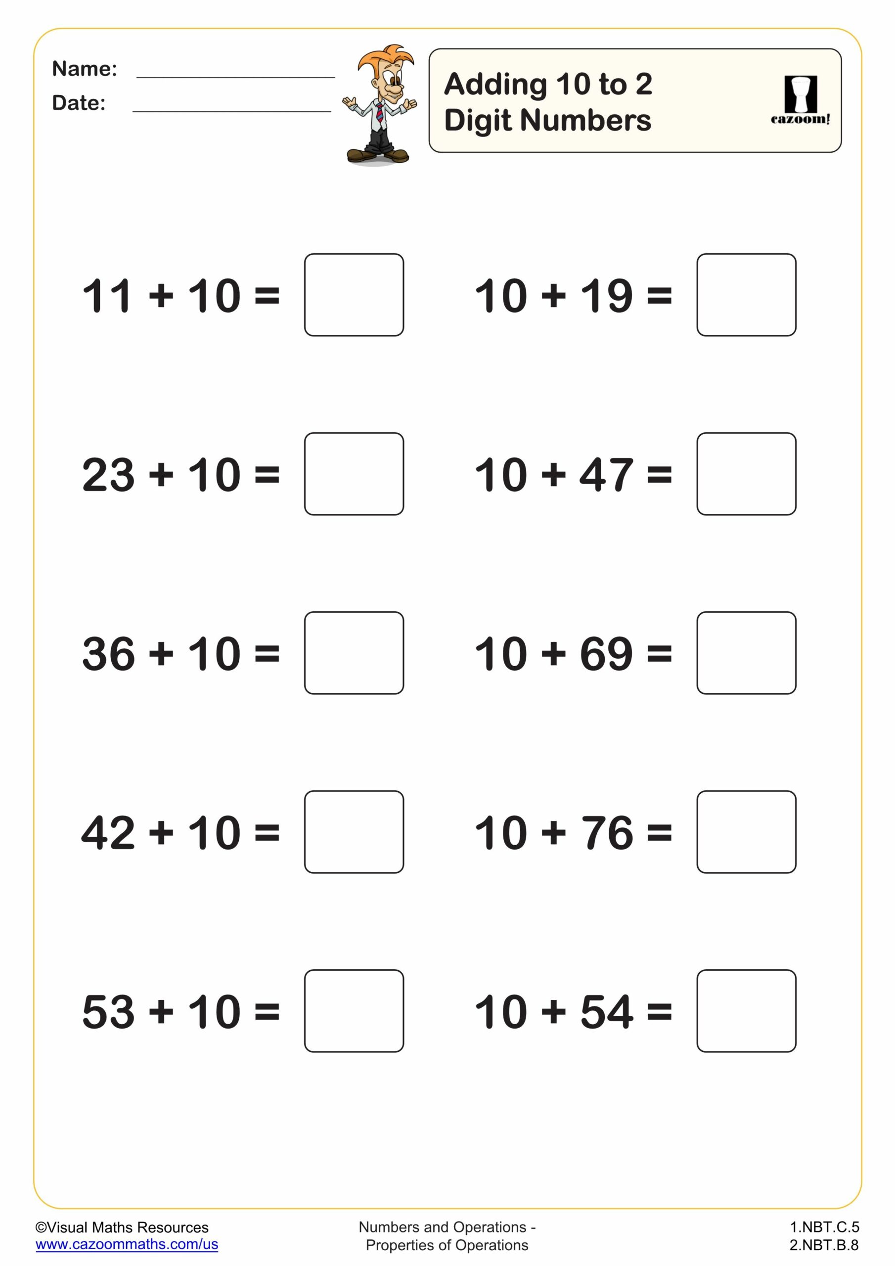 Preview of Adding 10 to 2 digit numbers (10 questions)
