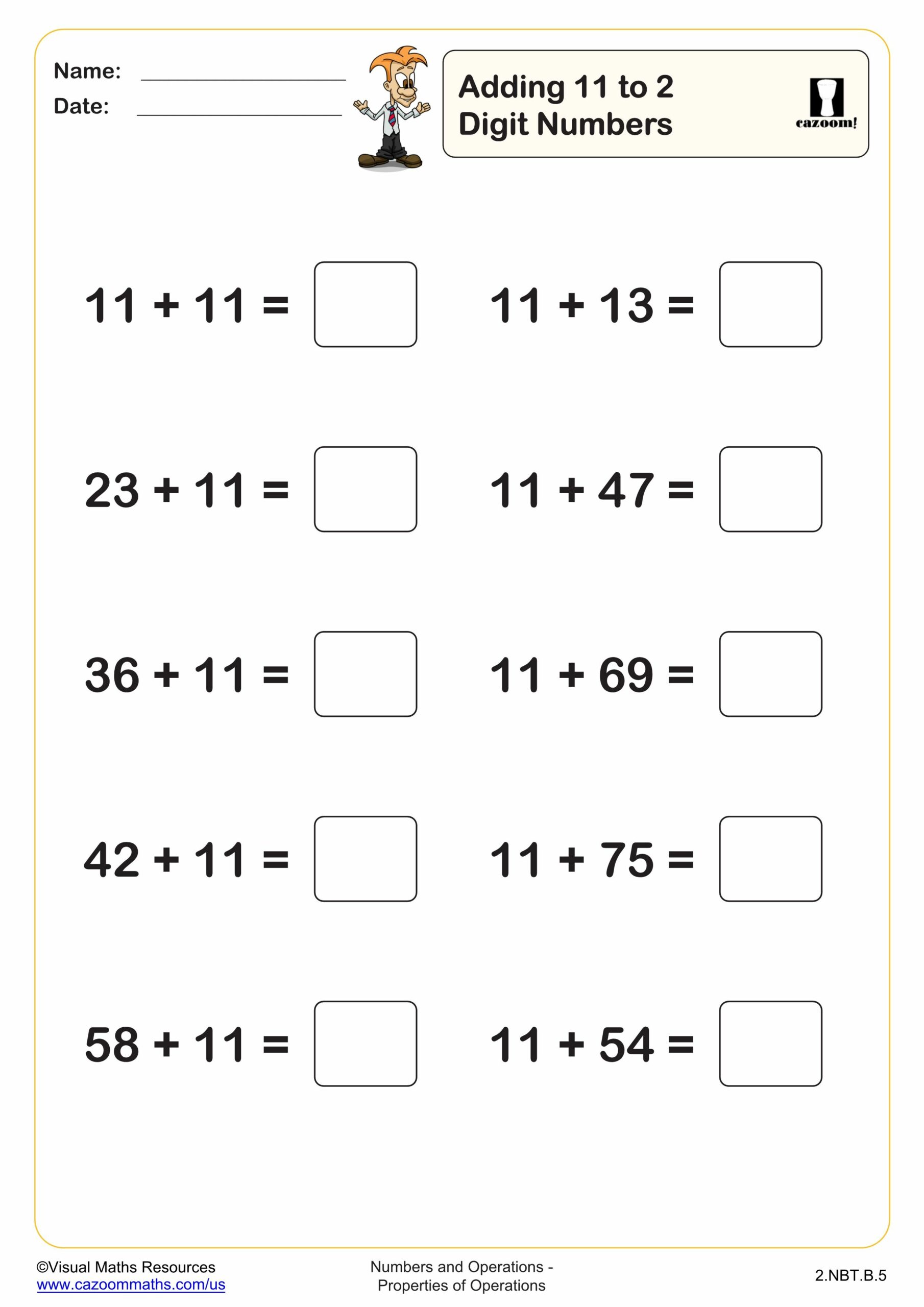 Preview of Adding 11 to 2 digit numbers (10 questions)