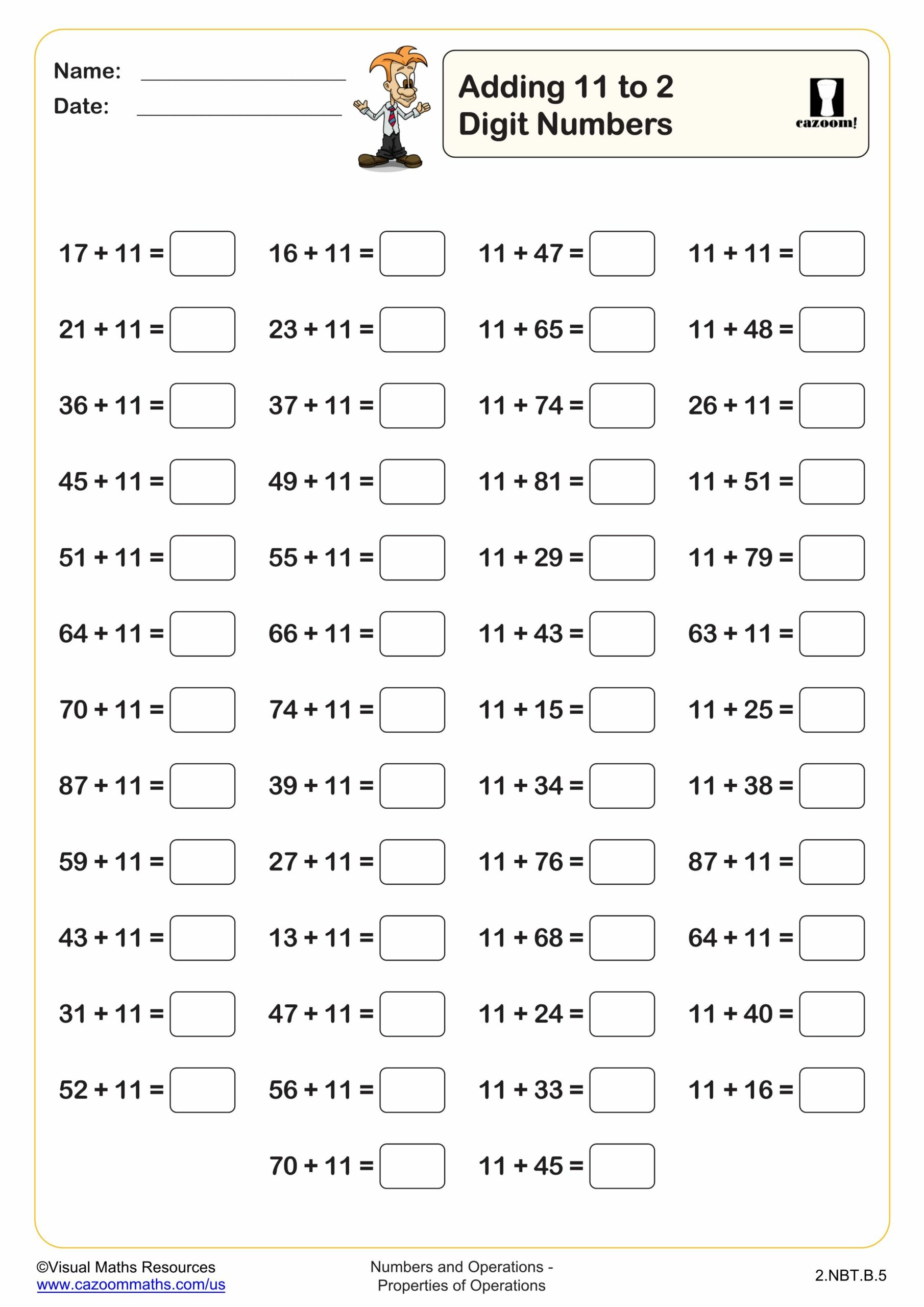 Preview of Adding 11 to 2 digit numbers (50 questions)