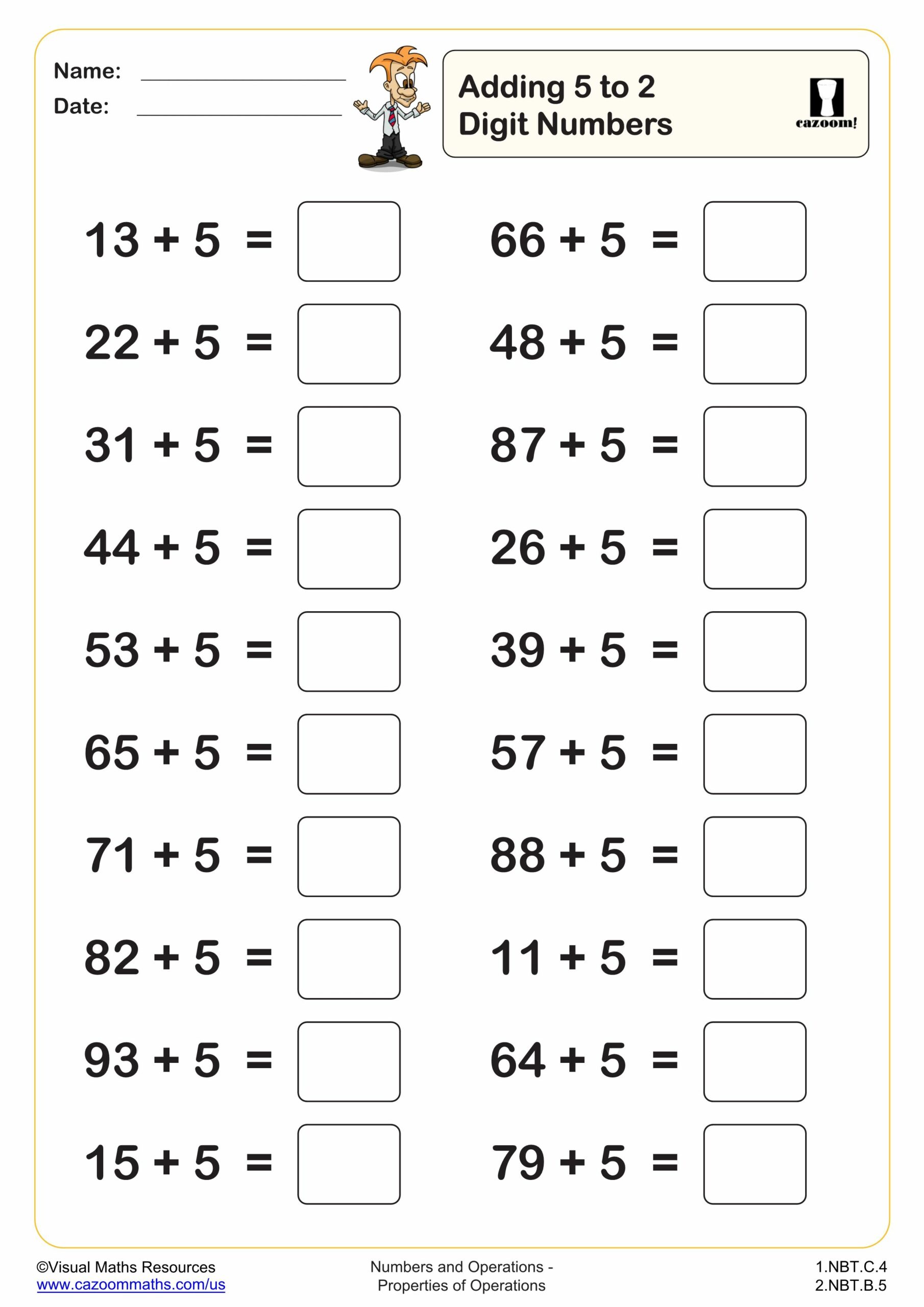 Preview of Adding 5 to 2 digit numbers (20 questions)