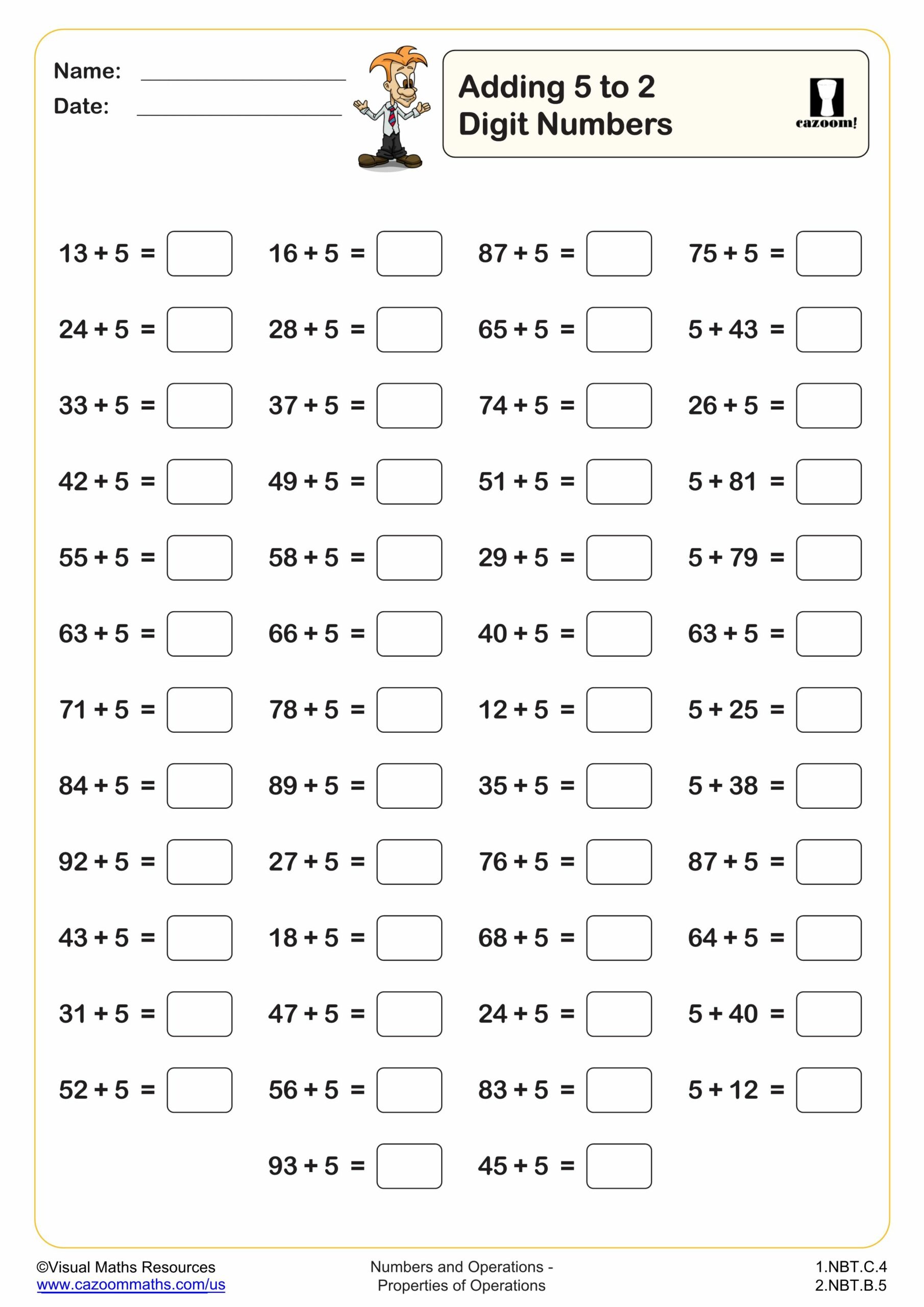 Preview of Adding 5 to 2 digit numbers (50 questions)
