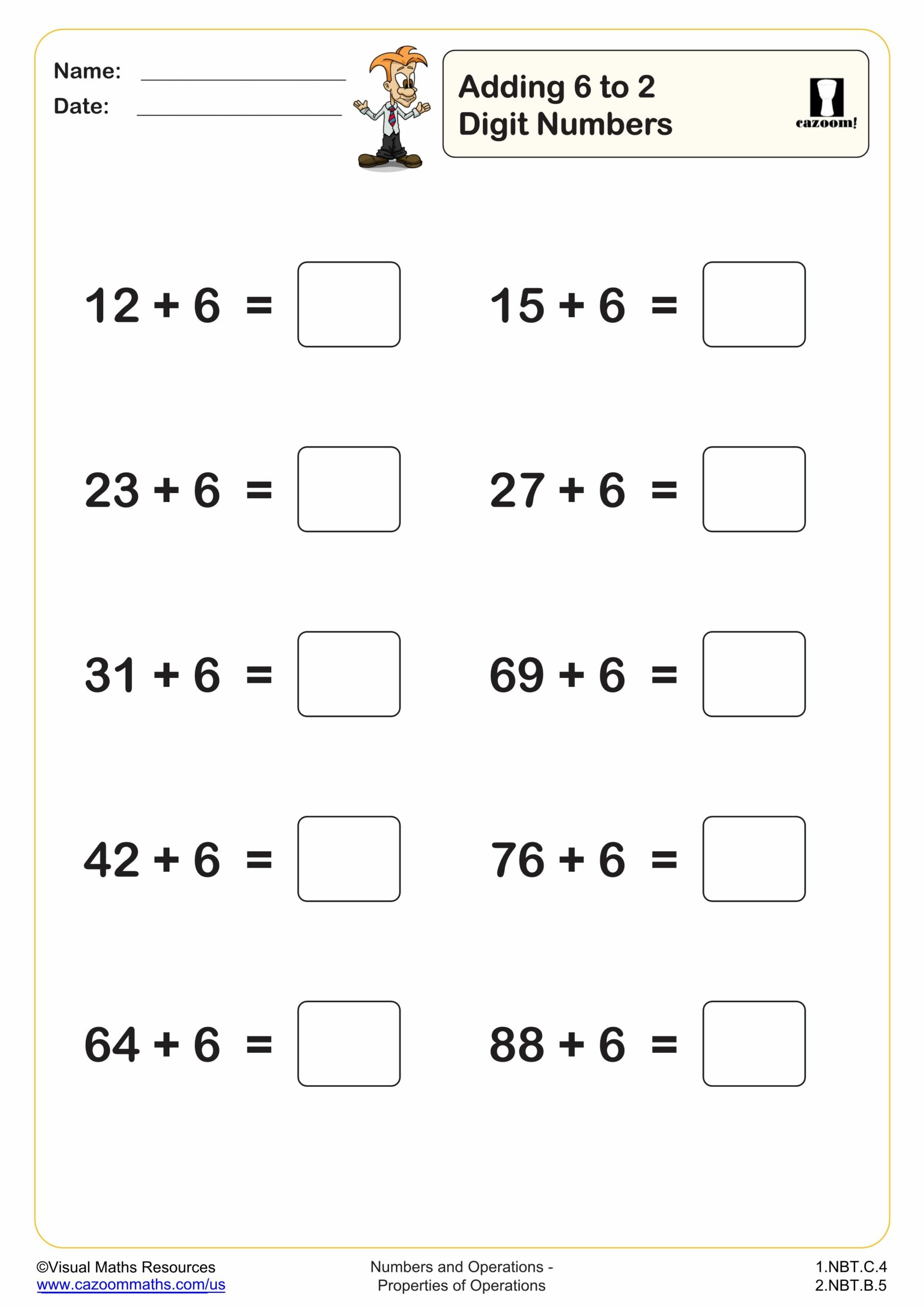Preview of Adding 6 to 2 digit numbers (10 questions)