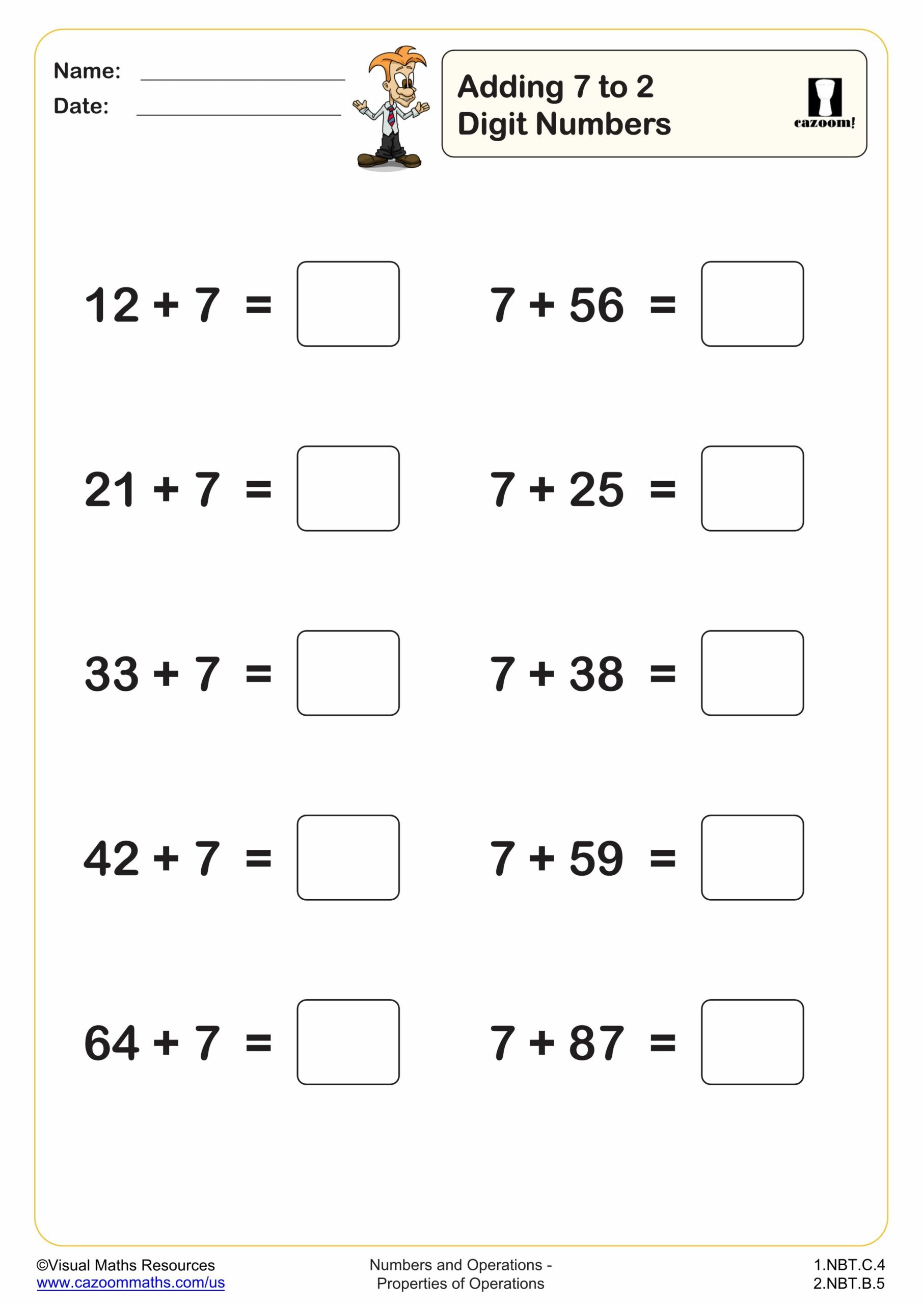 Preview of Adding 7 to 2 digit numbers (10 questions)