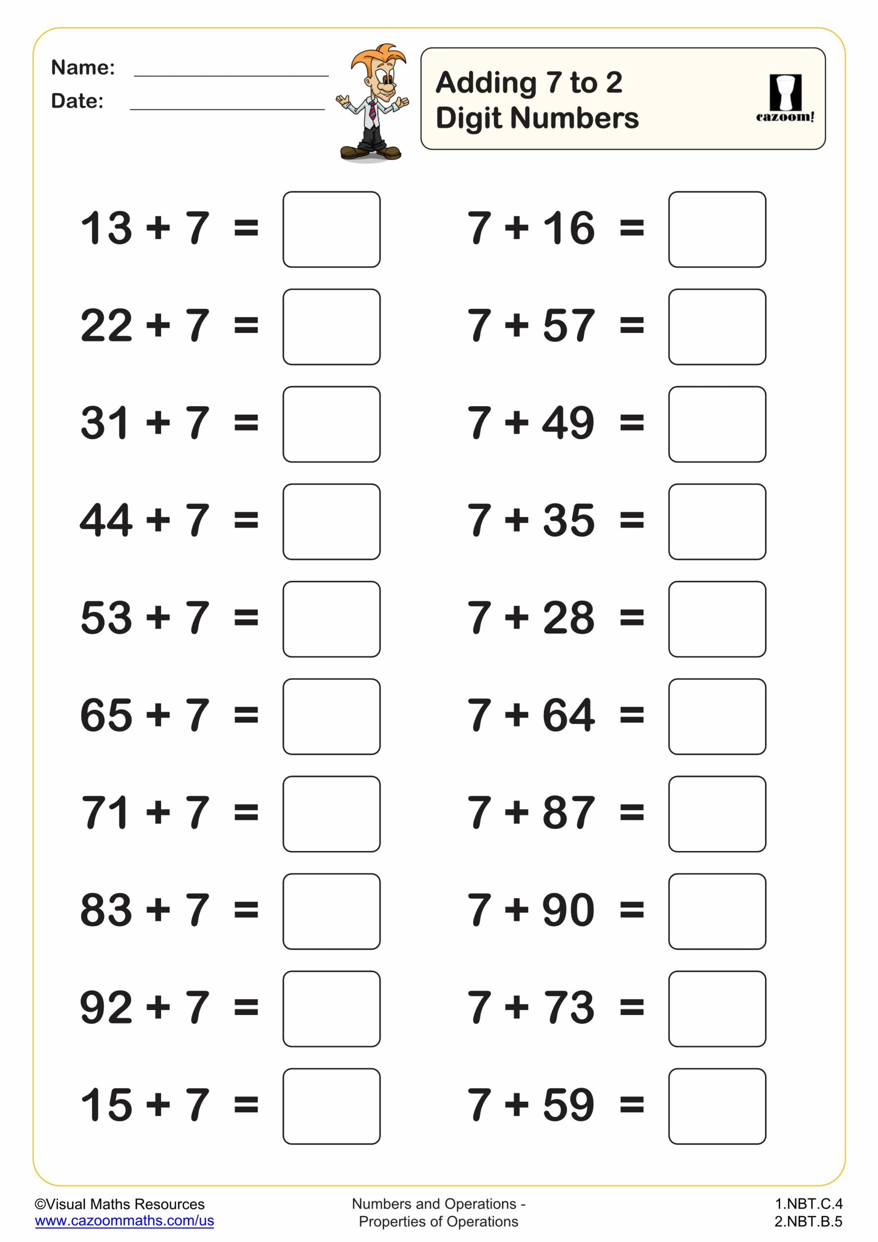 Preview of Adding 7 to 2 digit numbers (20 questions)