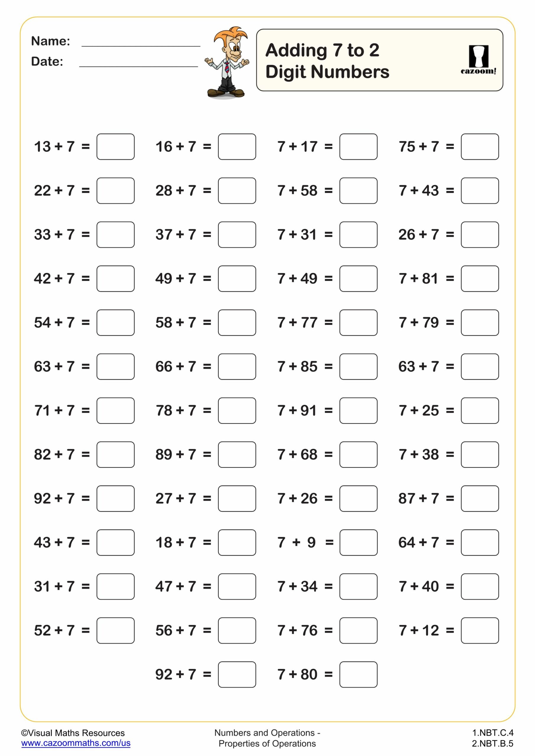 Preview of Adding 7 to 2 digit numbers (50 questions)
