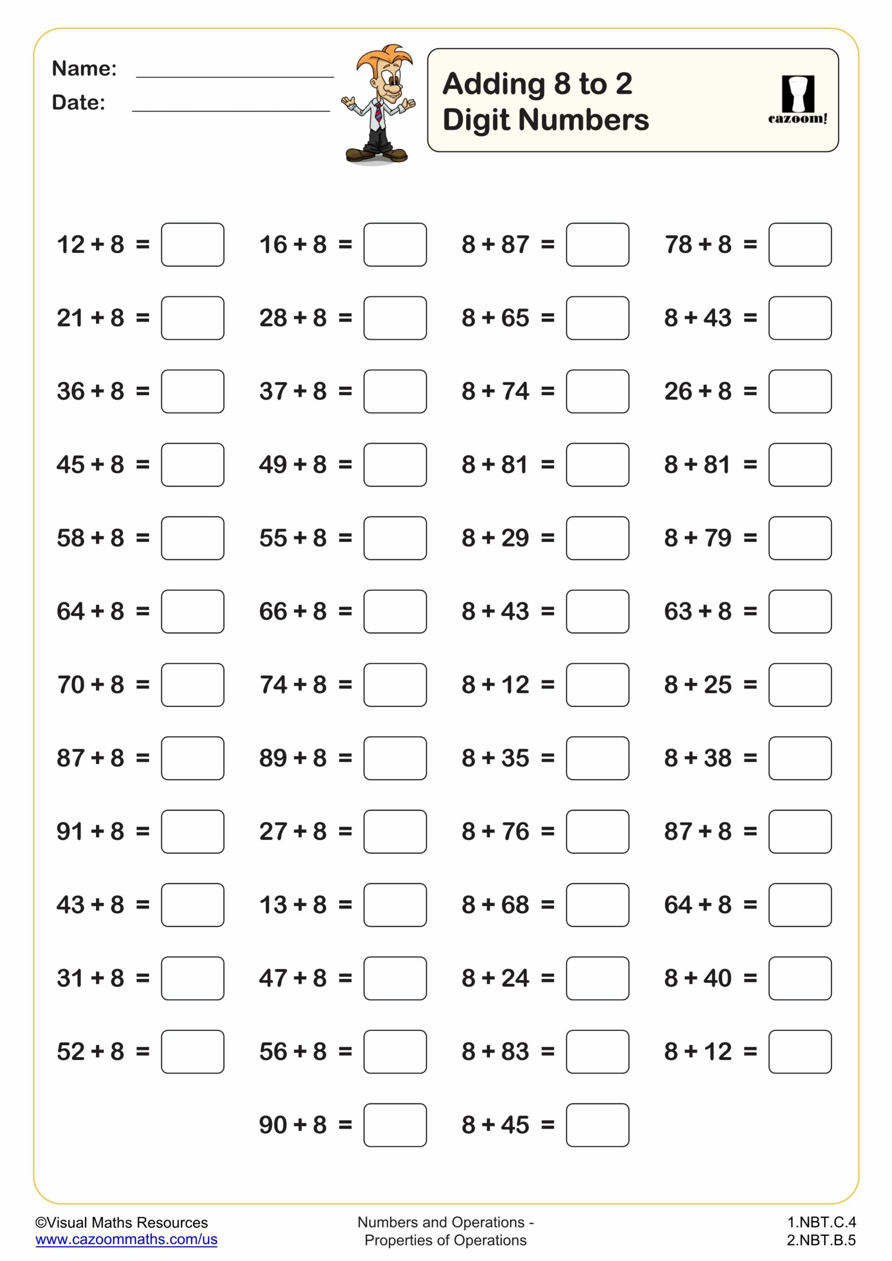 Preview of Adding 8 to 2 digit numbers (50 questions)