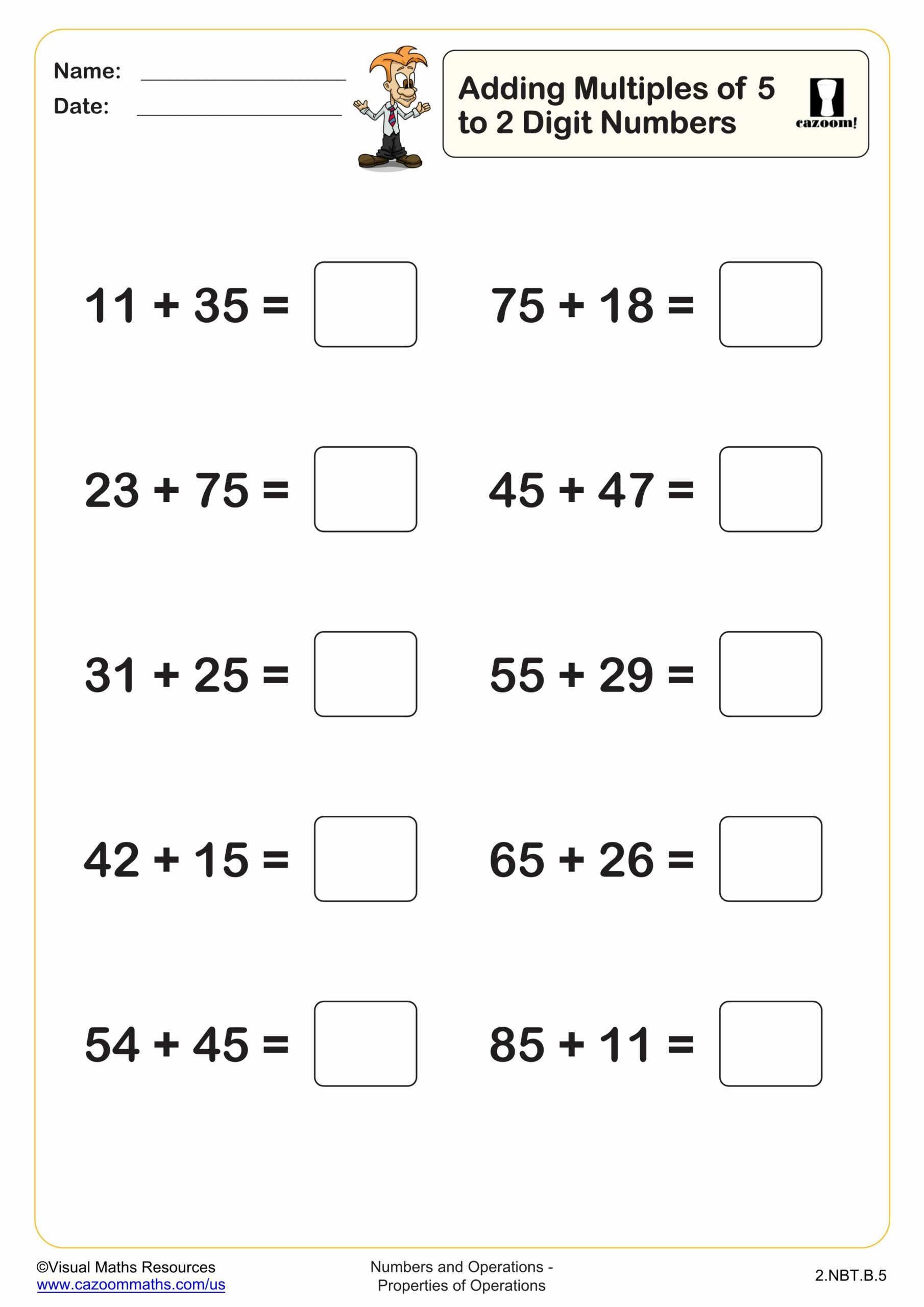 Preview of Adding mulitples of 5 to a 2 digit number (10 questions)