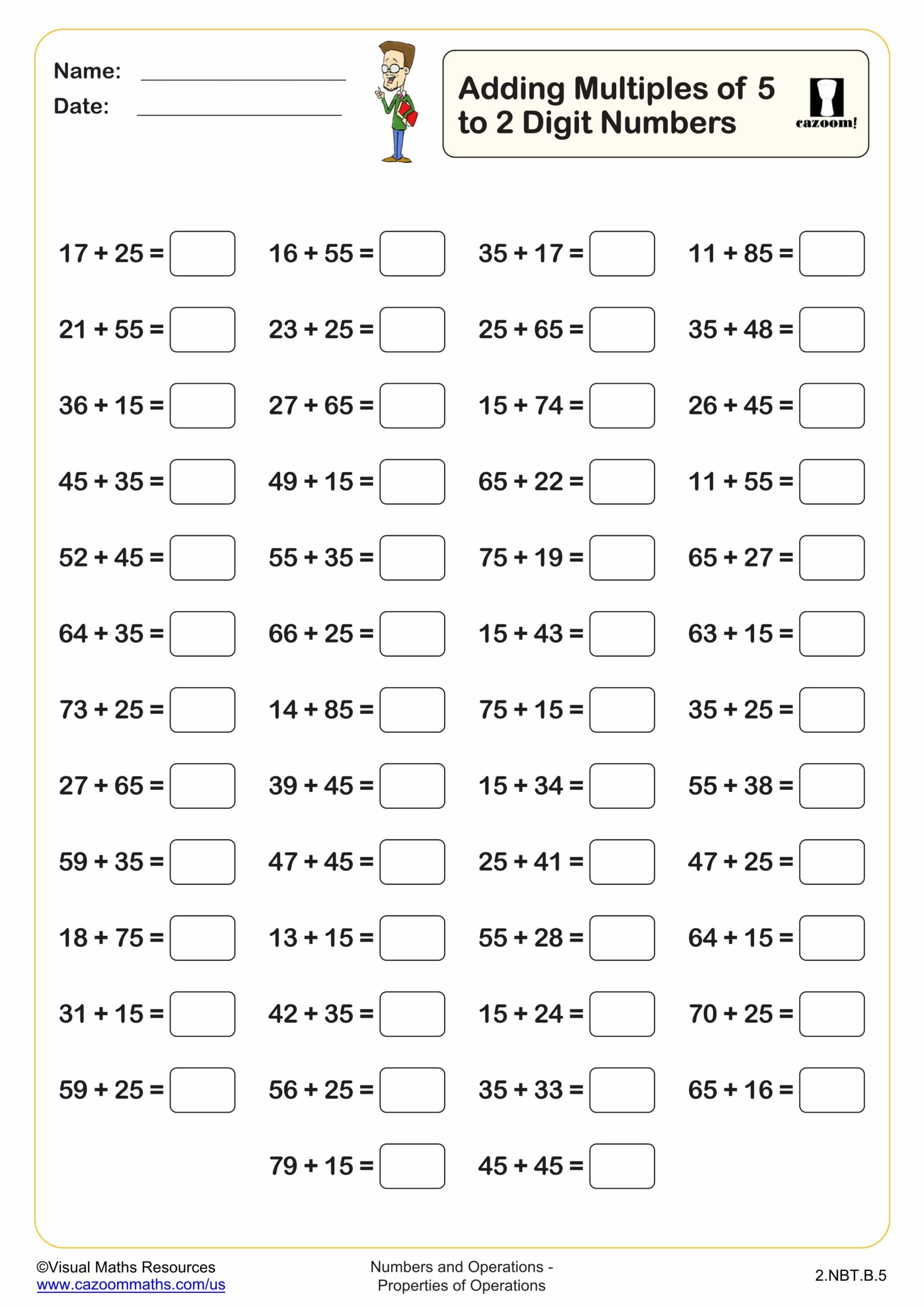 Preview of Adding mulitples of 5 to a 2 digit number (50 questions)