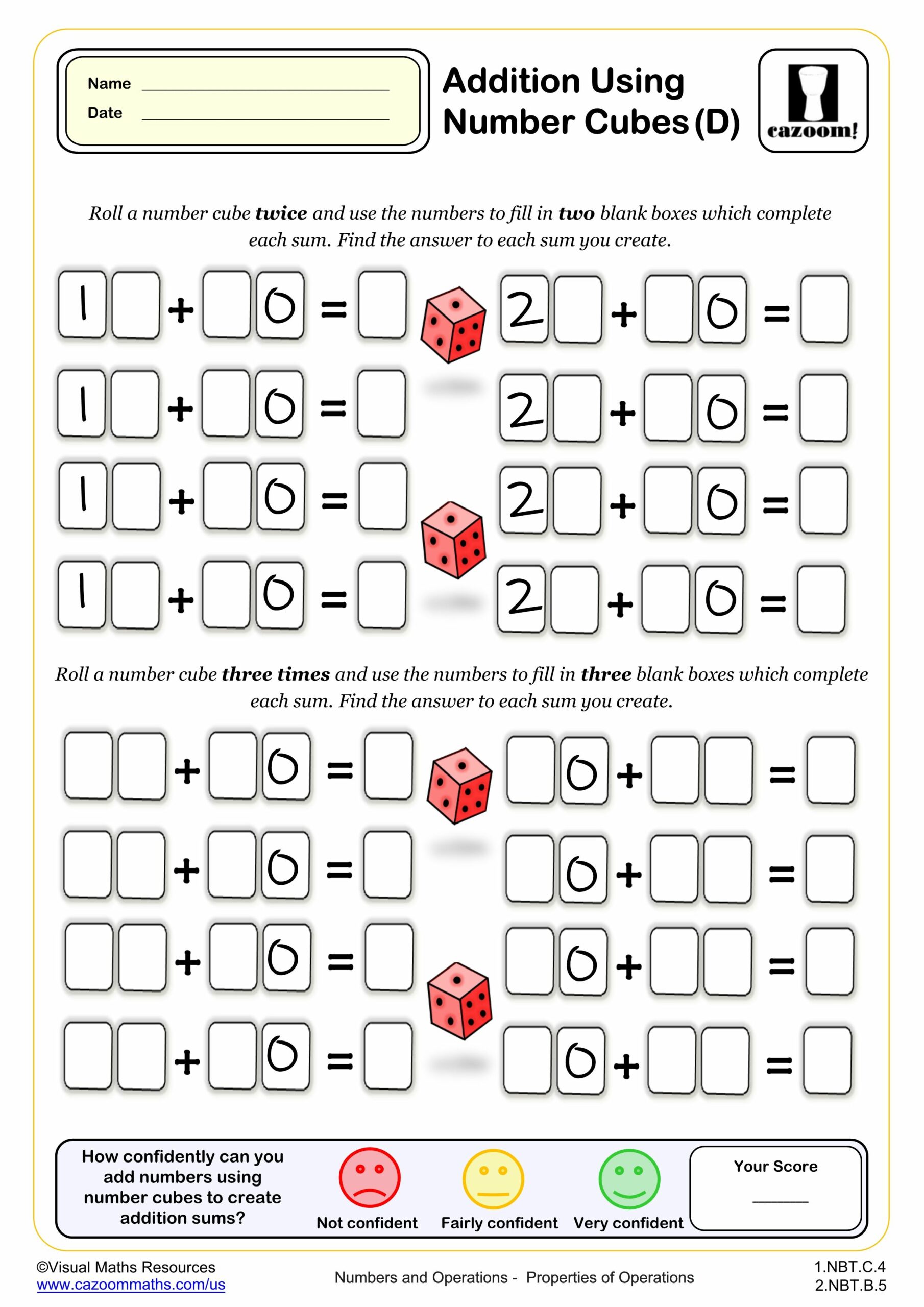 Preview of Addition Using Number Cubes (D)
