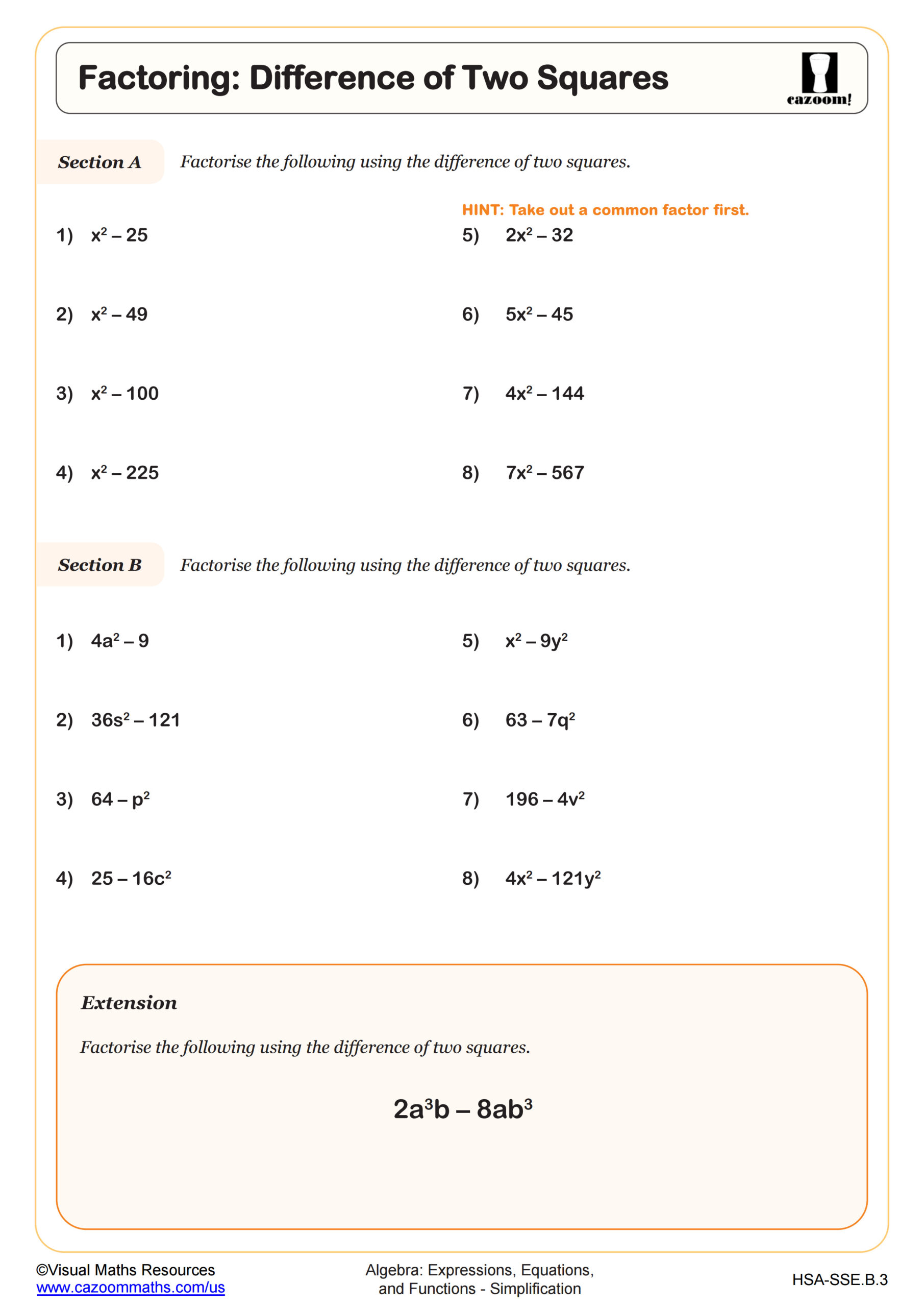 Preview of Factoring: Difference of Two Squares