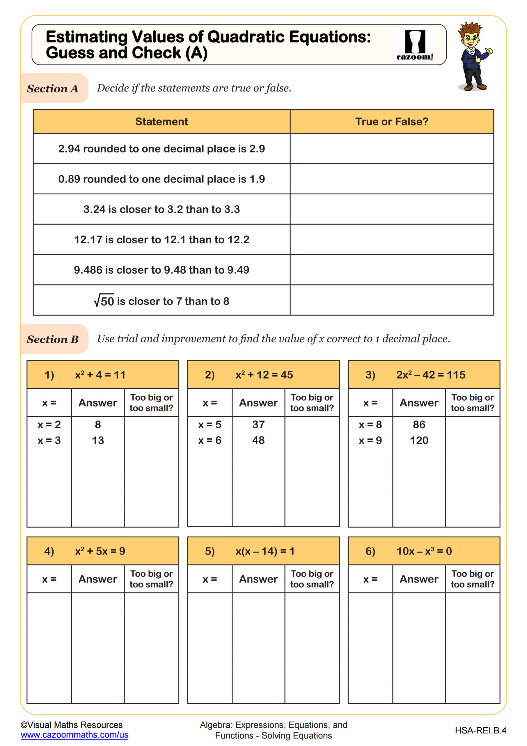 Preview of Estimating Values of Quadratic Equations: Guess and Check (A)