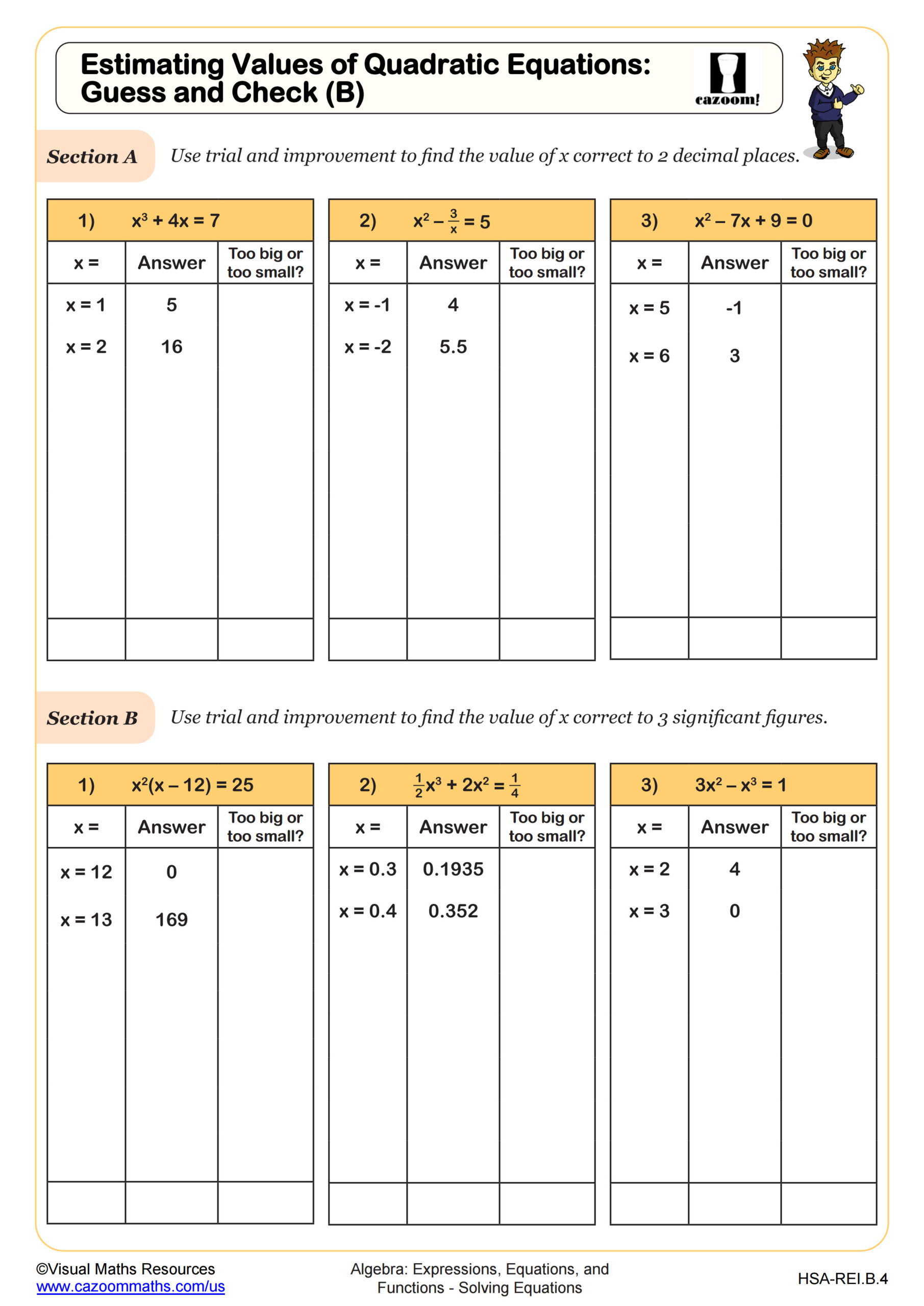 Preview of Estimating Values of Quadratic Equations: Guess and Check (B)