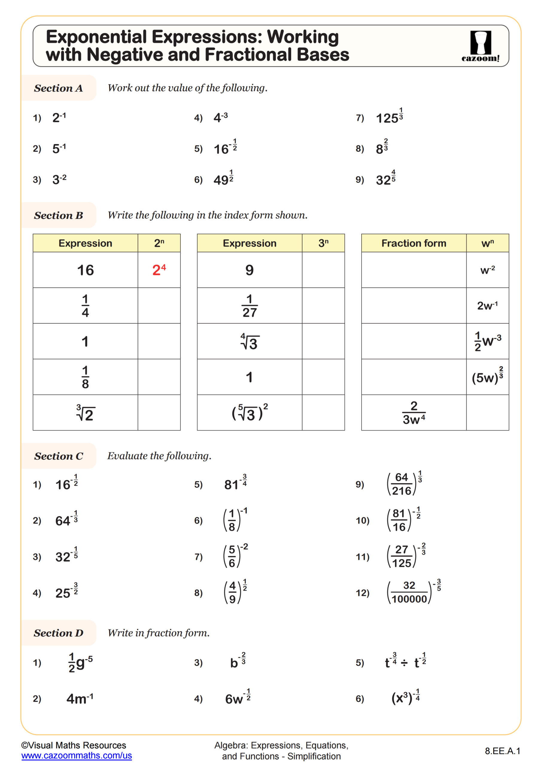 Preview of Exponential Expressions: Working with Negative and Fractional Bases