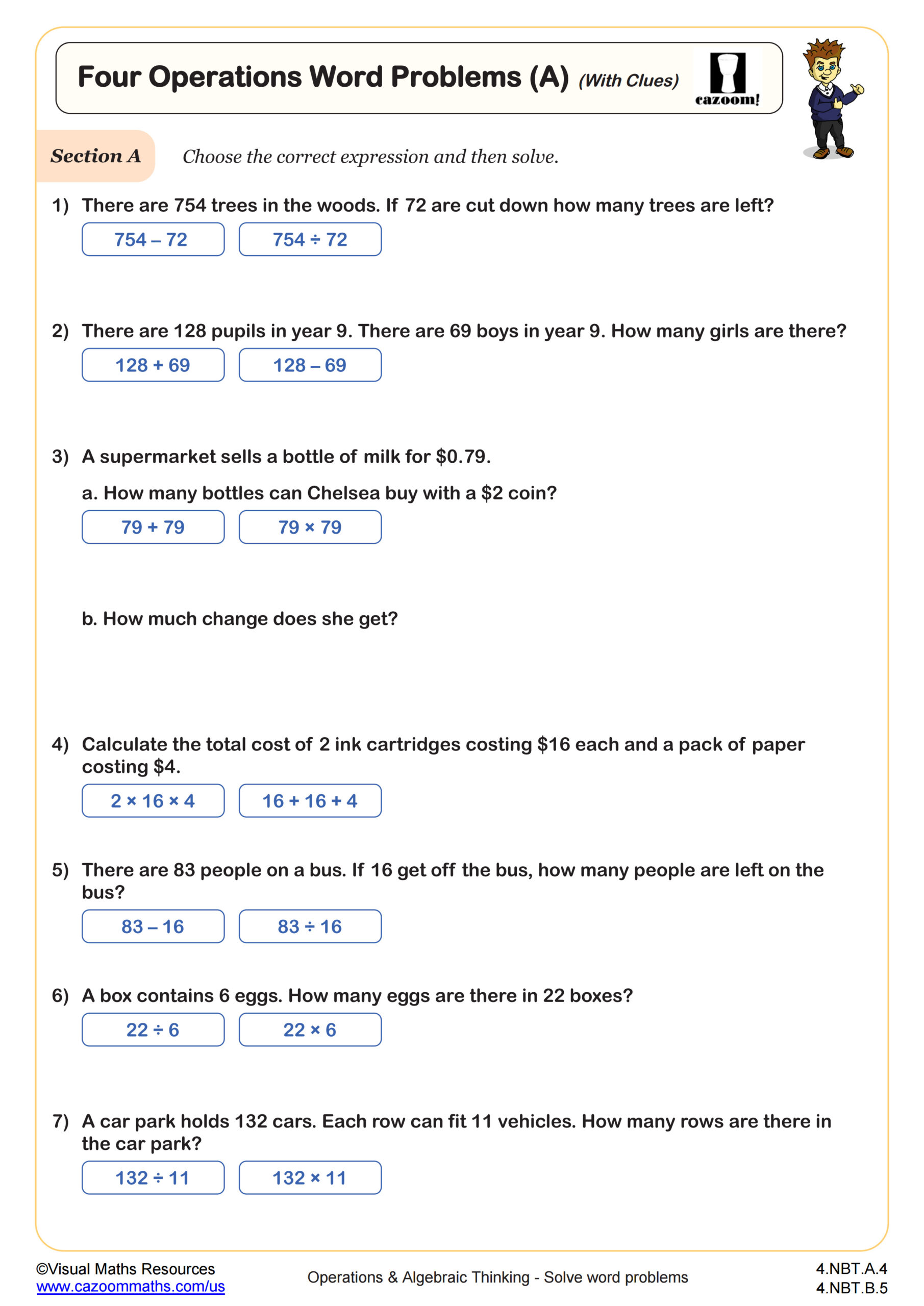 Preview of Four Operations Word Problems (A) (With Clues)