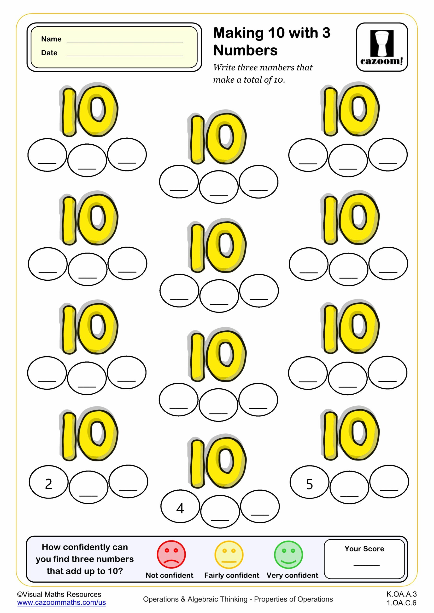 Preview of Making 10 with three numbers (Blanks)