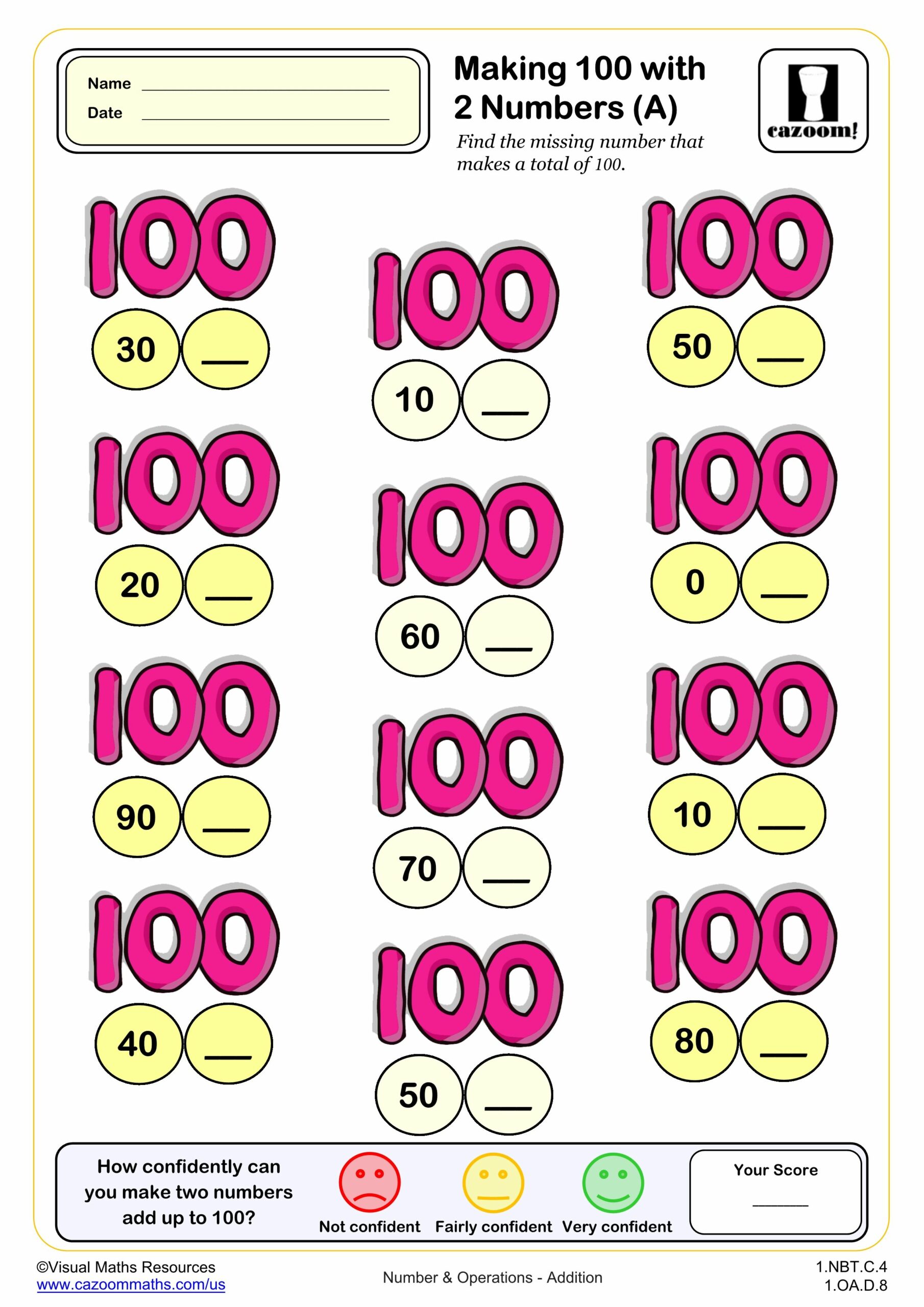 Preview of Making 100 with 2 Numbers (A) (multiples of 10)
