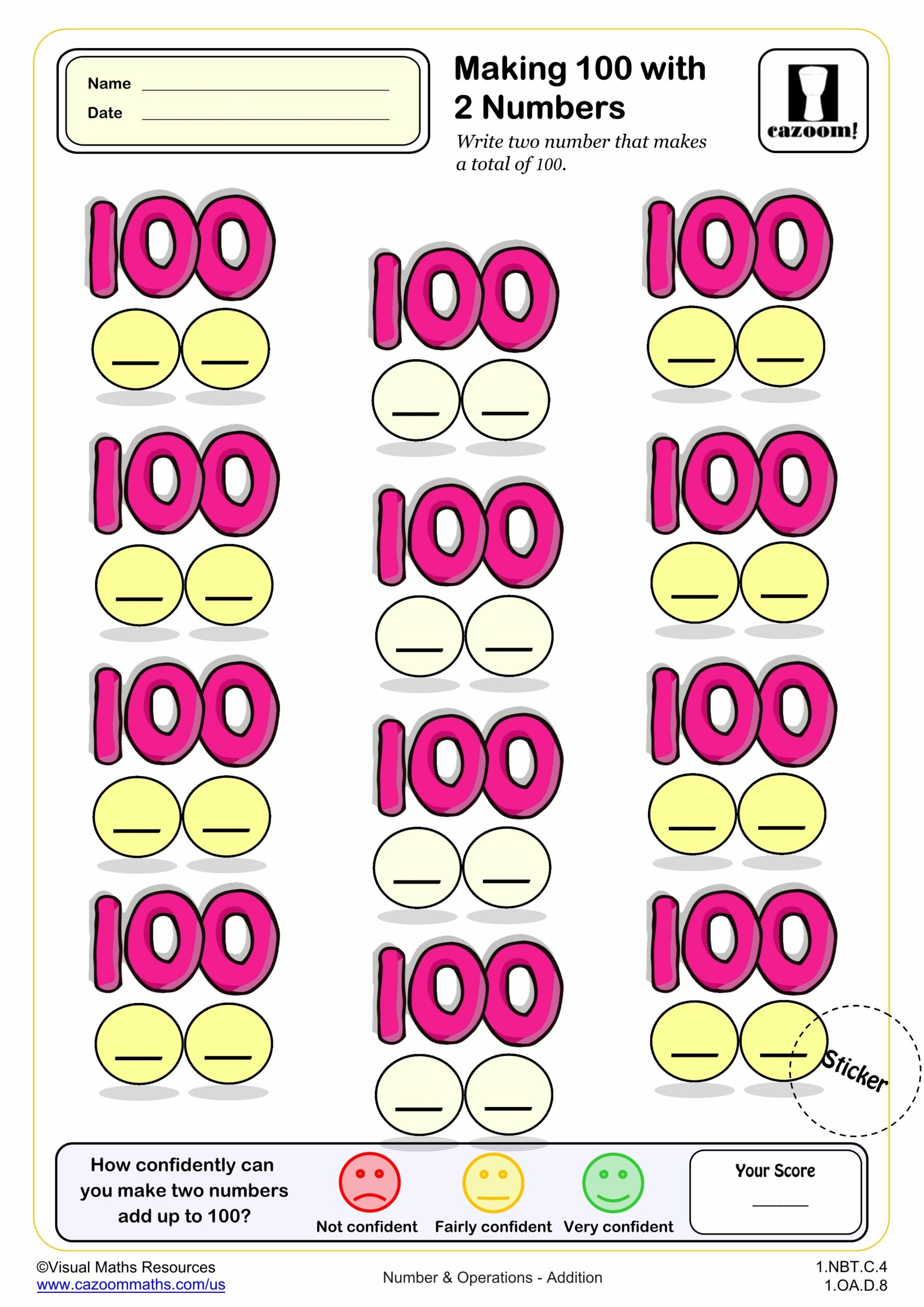 Preview of Making 100 with 2 numbers (blanks)
