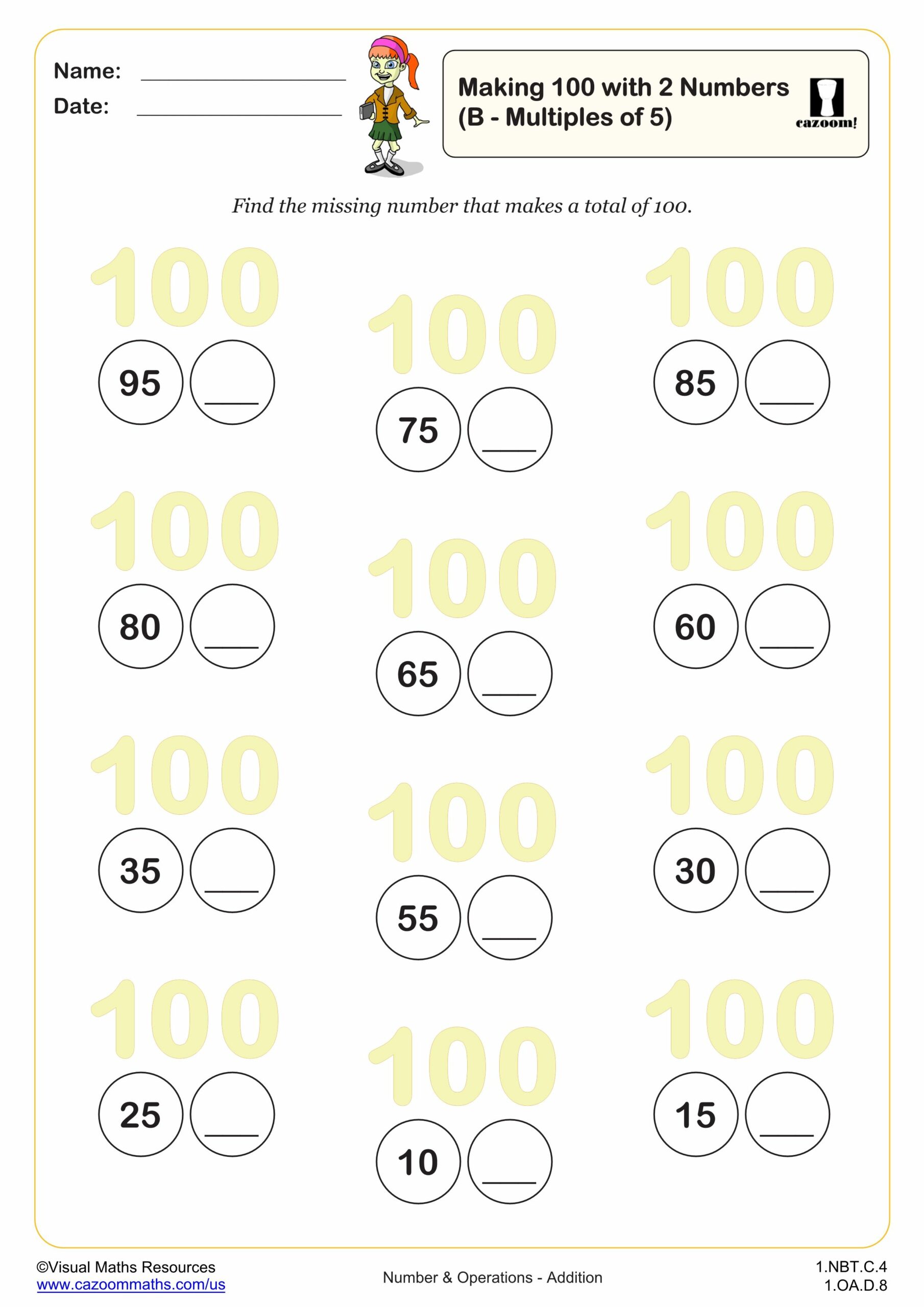 Preview of Making 100 with 2 numbers (B) (multiples of 5)