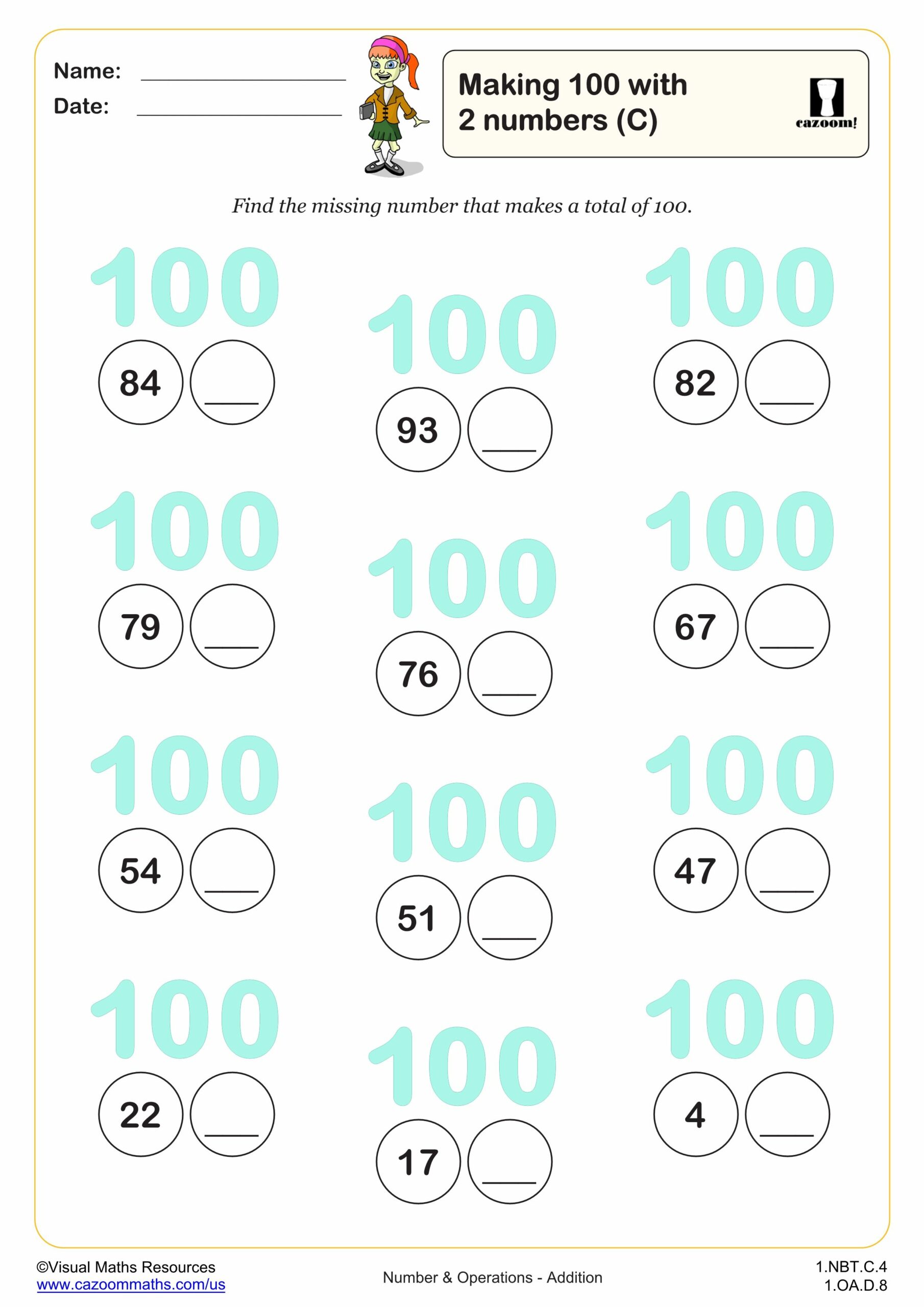 Preview of Making 100 with 2 numbers (C)