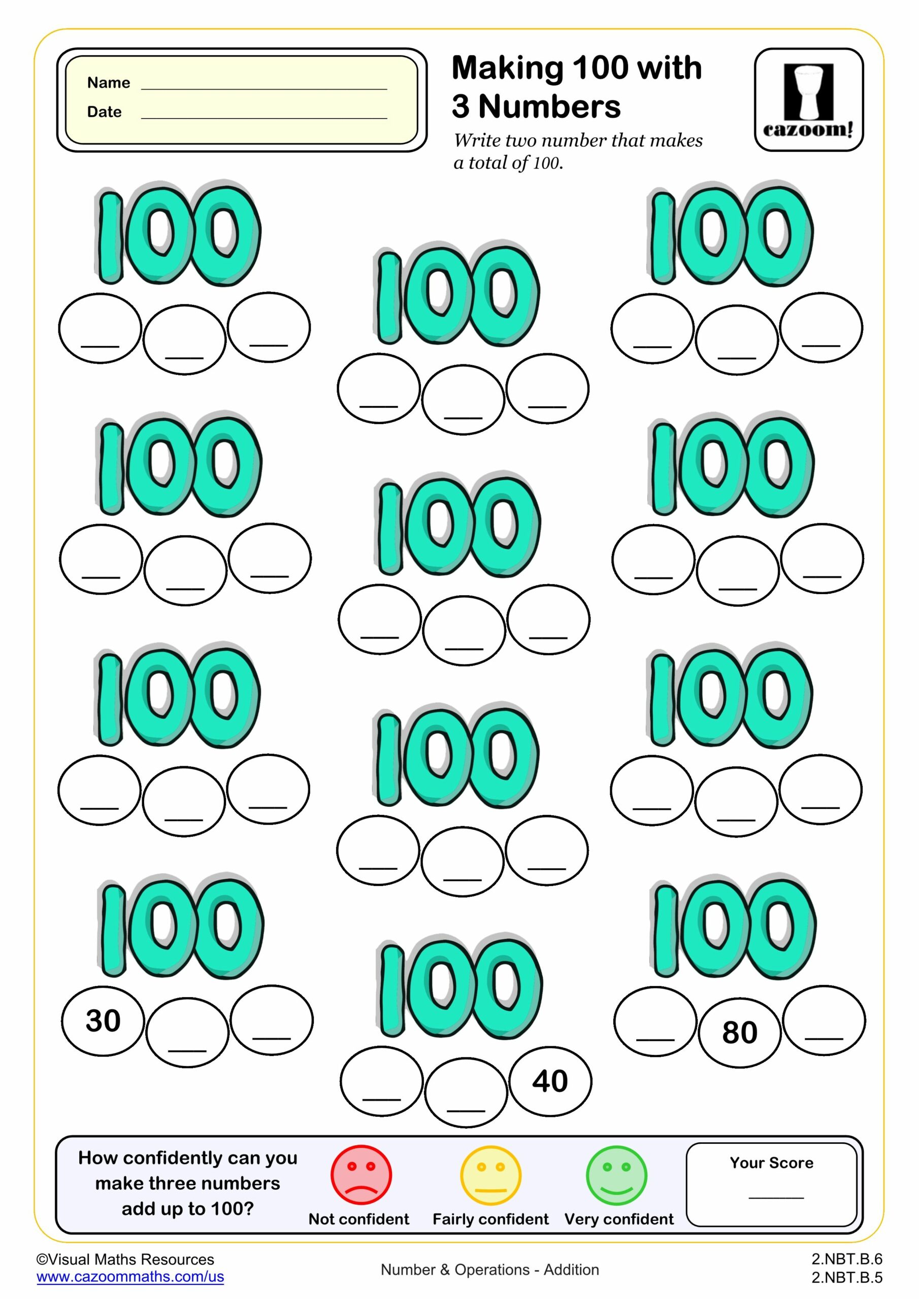 Preview of Making 100 with 3 numbers (blanks)
