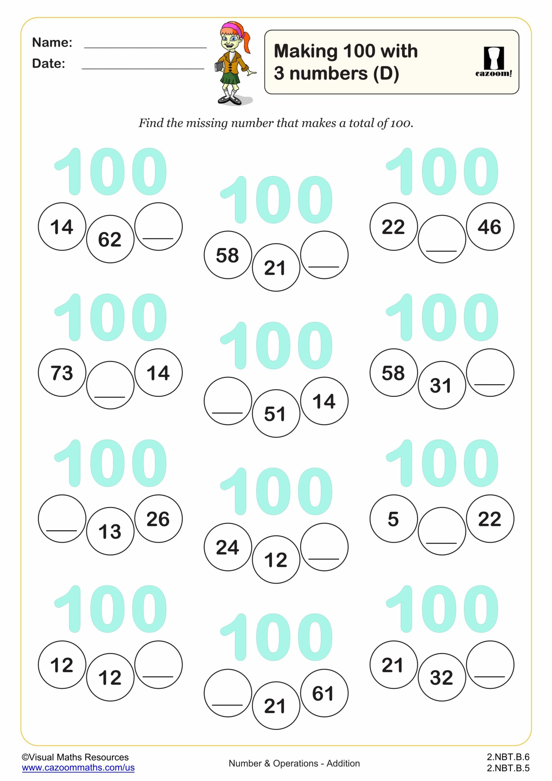 Preview of Making 100 with 3 numbers (D) (no regrouping)