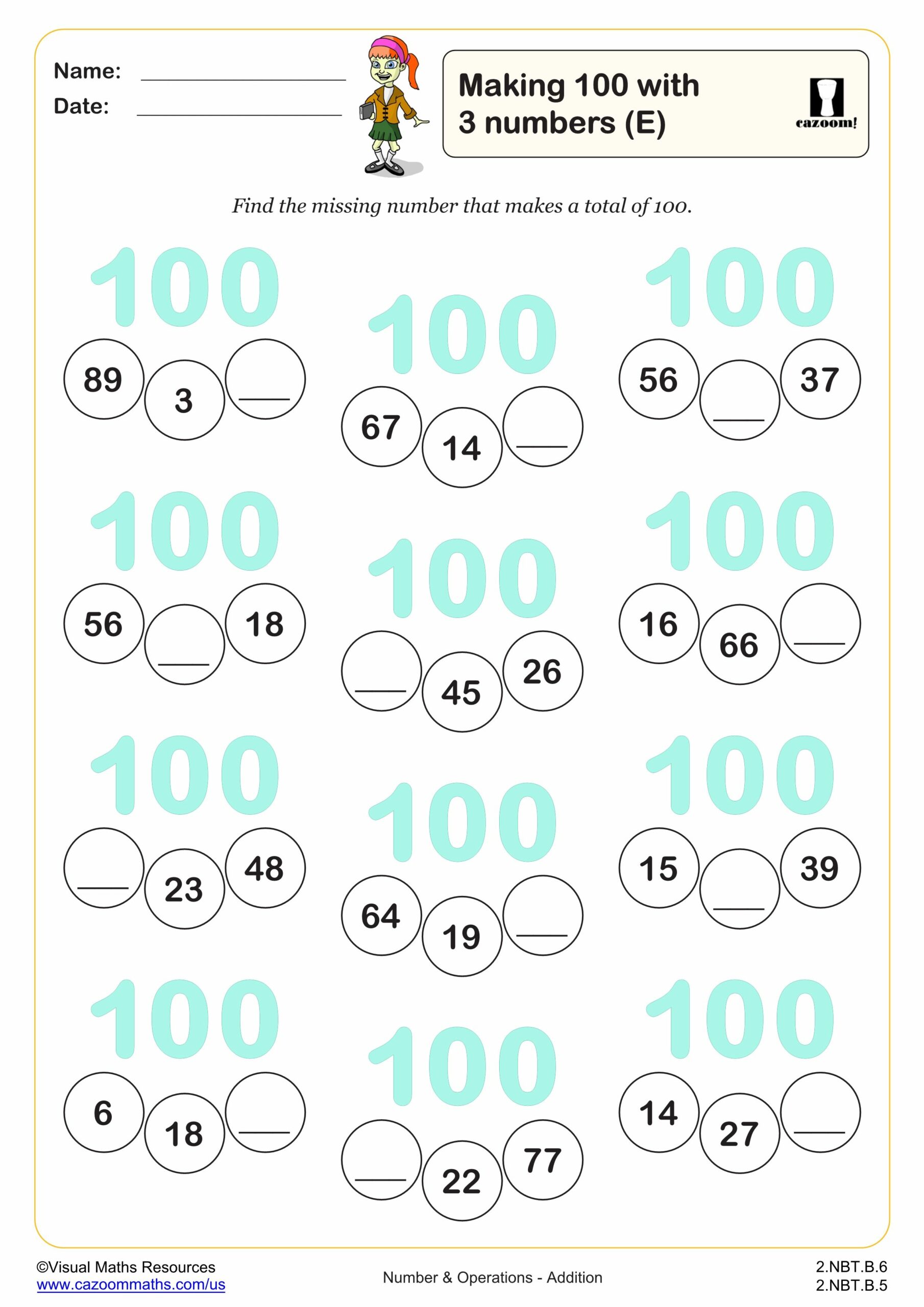 Preview of Making 100 with 3 numbers (E) (with regrouping)