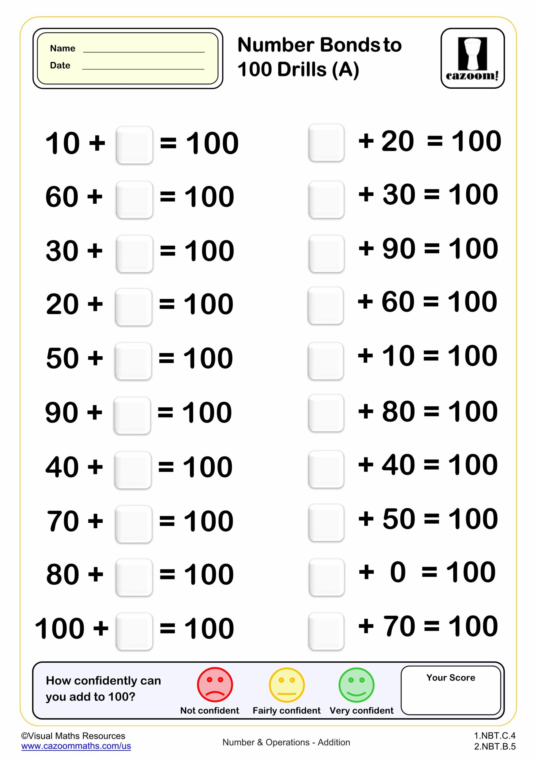Preview of Number bond to 100 Drills (A) (20 questions)