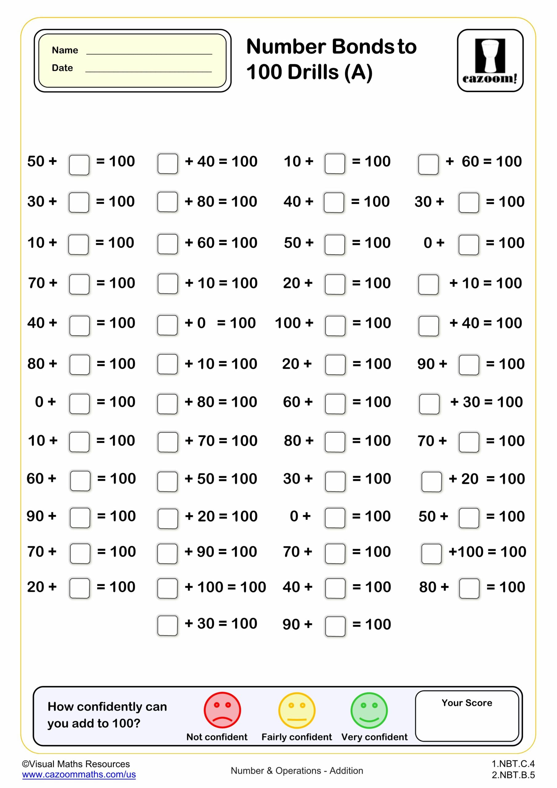 Preview of Number bond to 100 Drills (A) (50 questions)