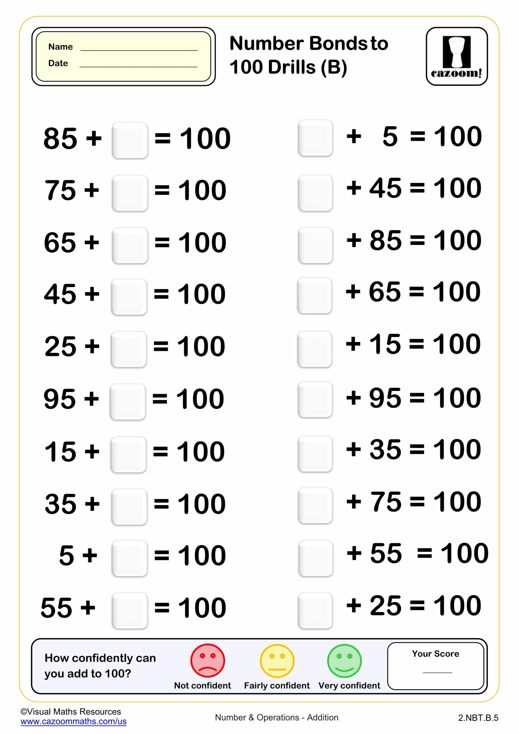 Preview of Number bond to 100 Drills (B) (20 questions)