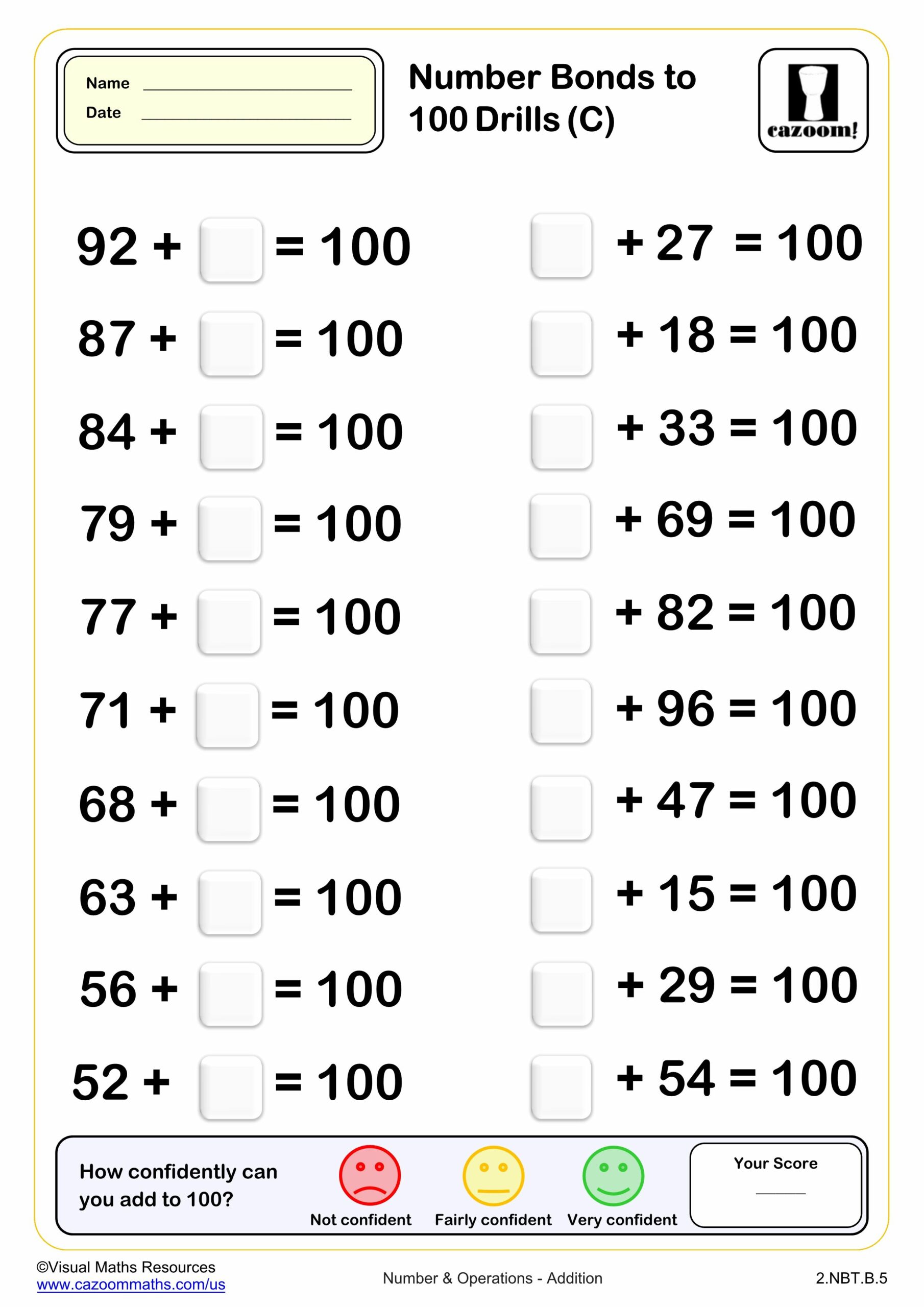 Preview of Number bond to 100 Drills (C) (20 questions)