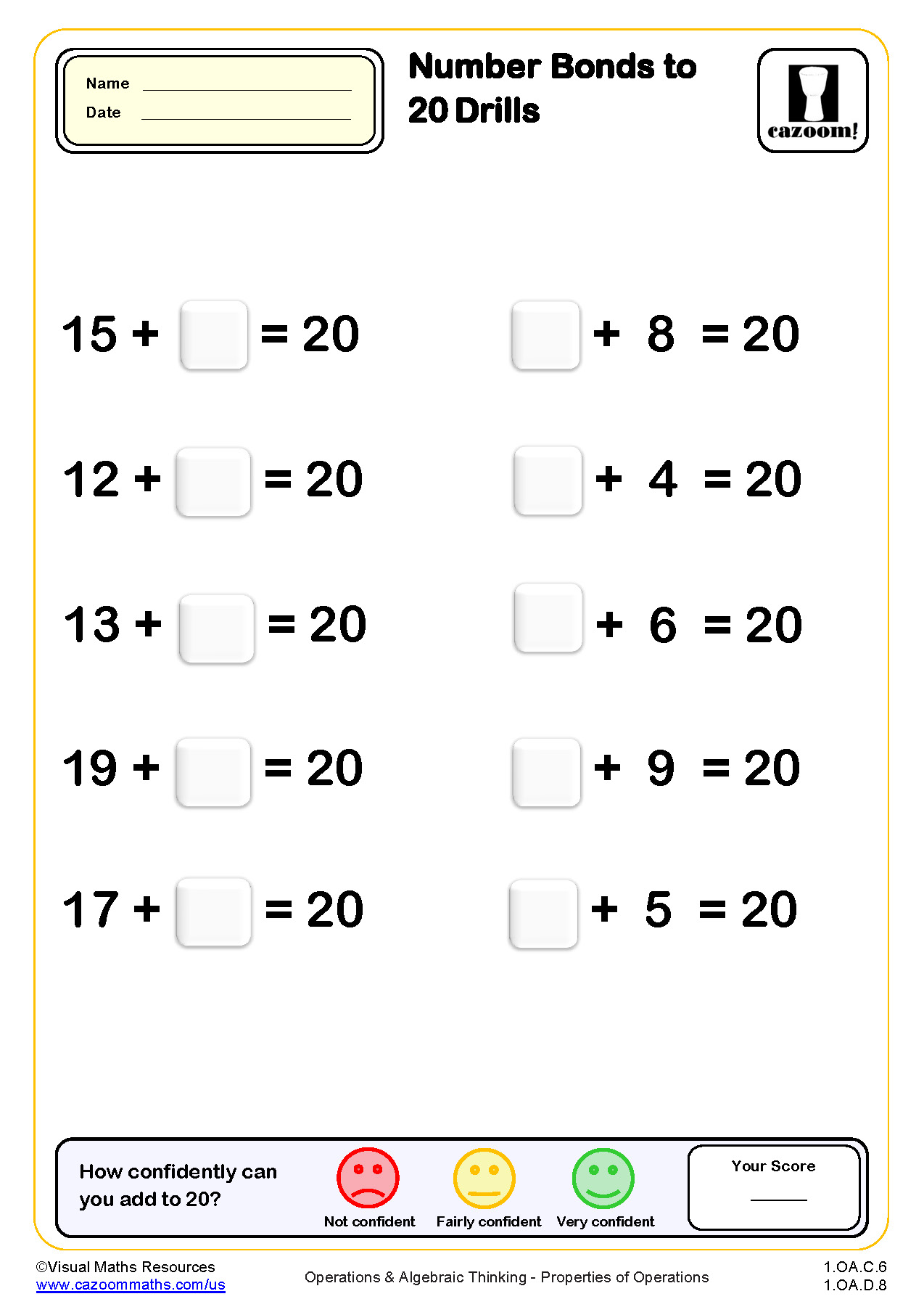Preview of Number Bonds to 20 drills (10 questions)