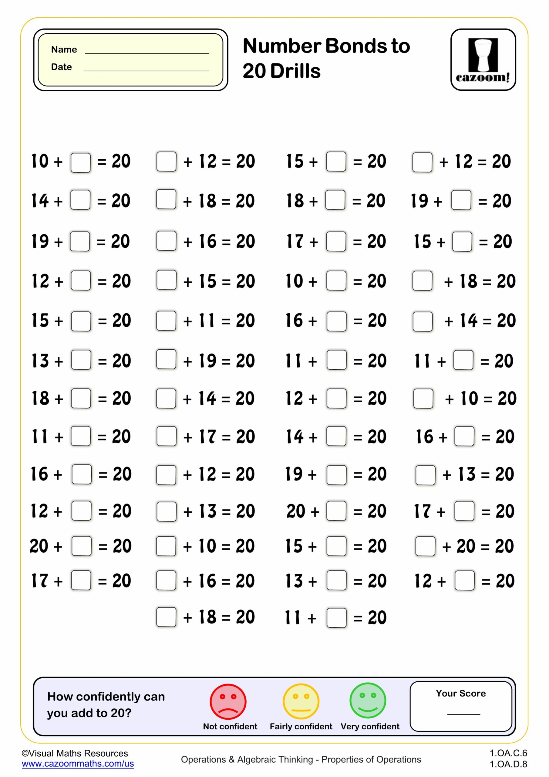 Preview of Number Bonds to 20 drills (50 questions)