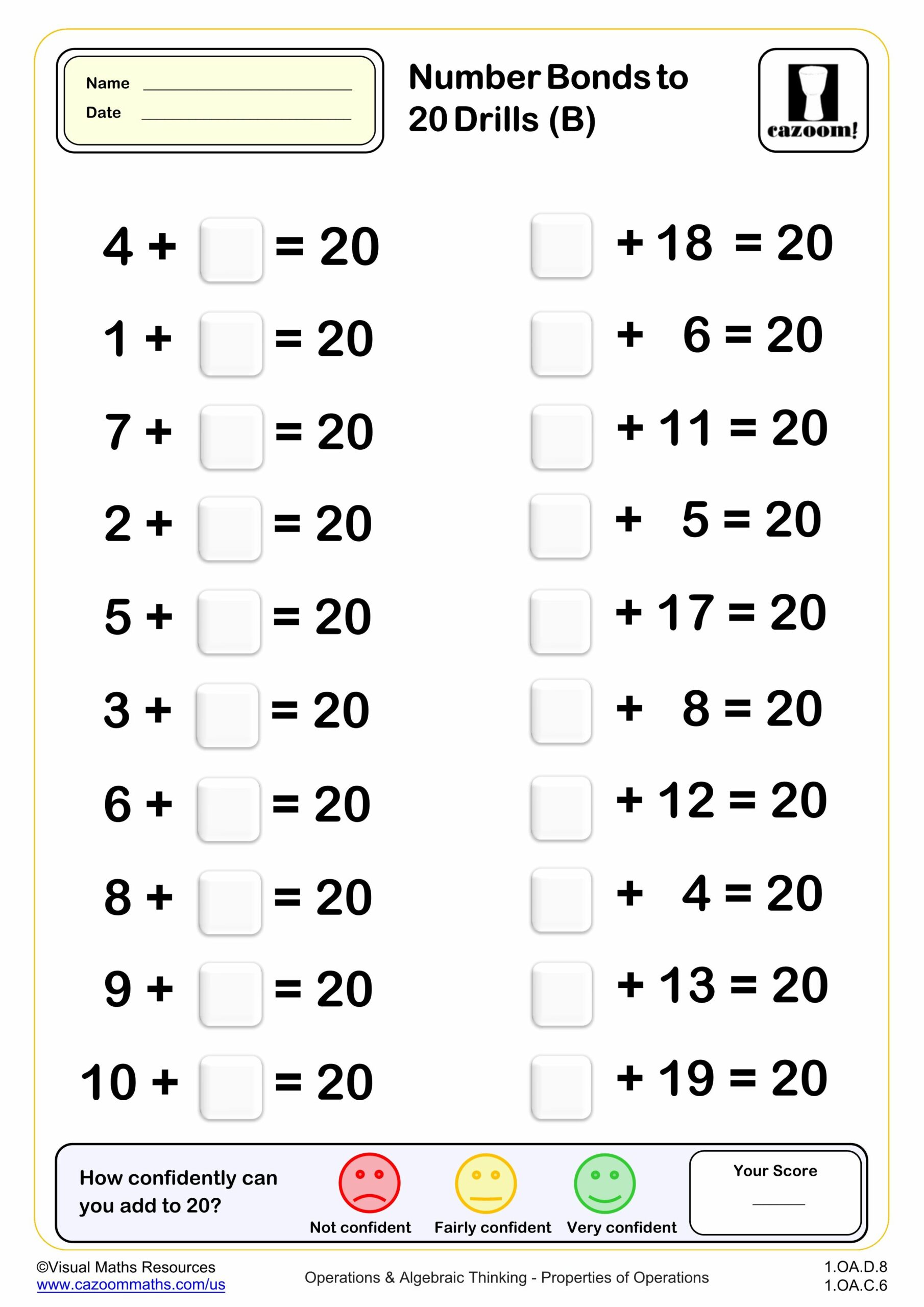 Preview of Number Bonds to 20 drills (B) (20 questions)