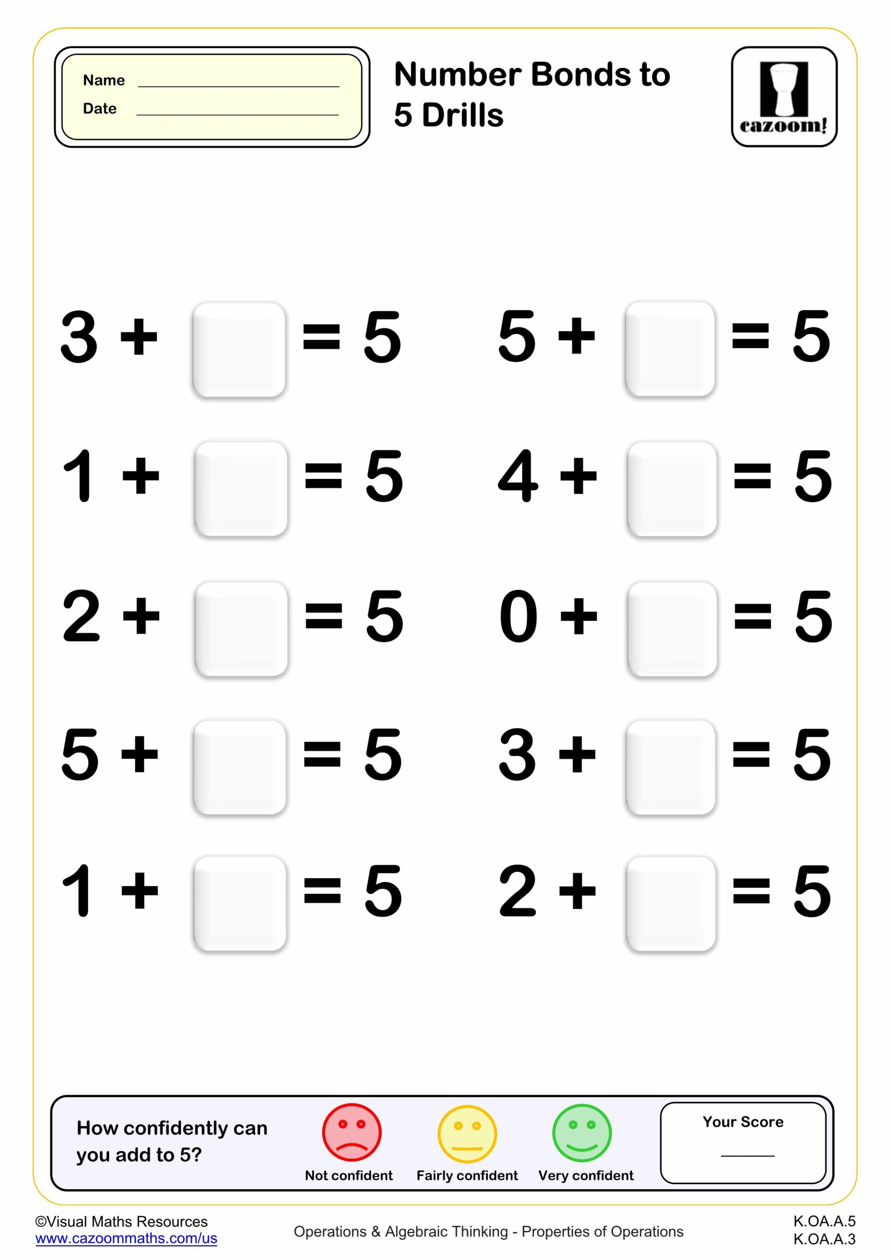 Preview of Number Bonds to 5 drills (10 questions)