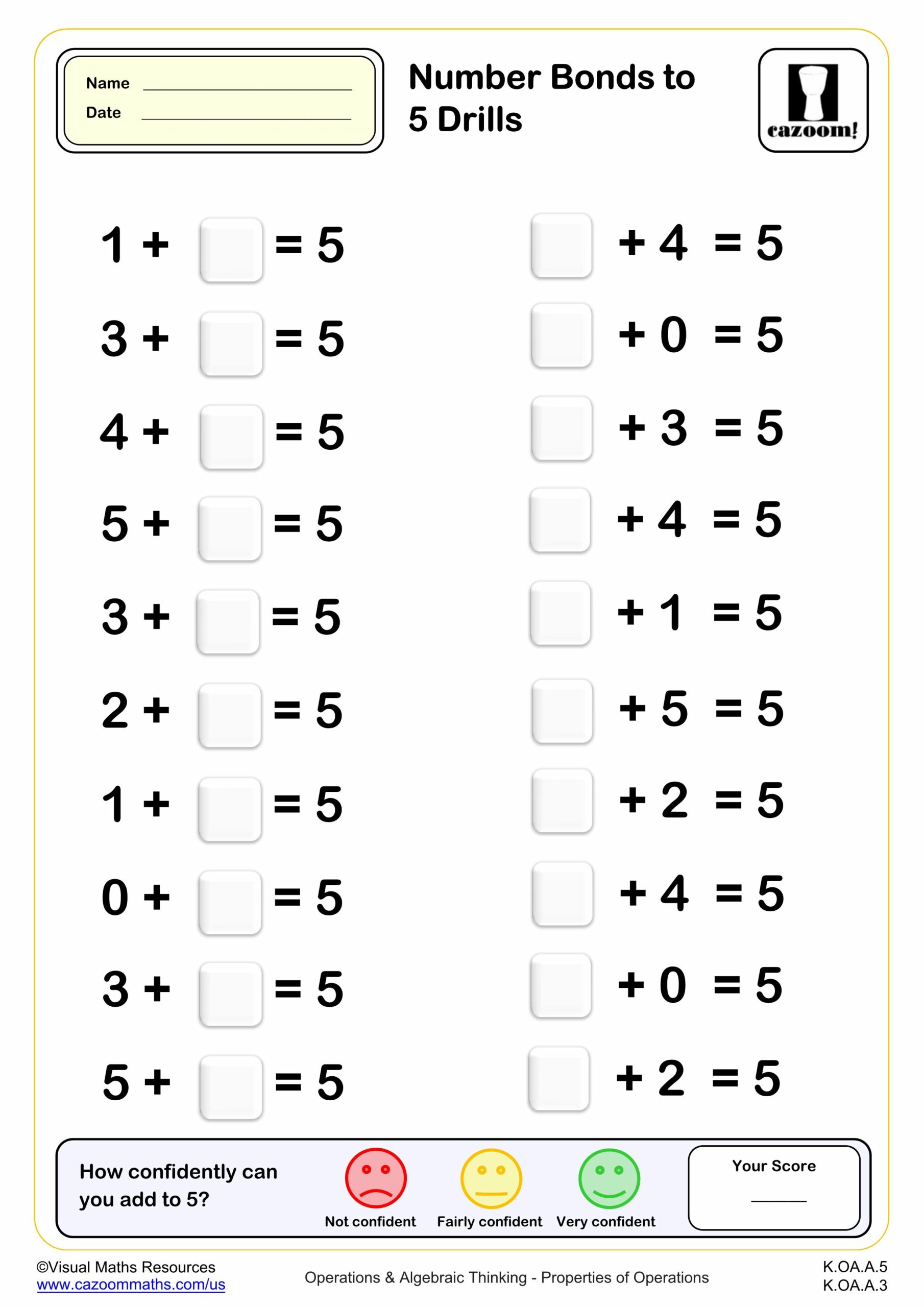 Preview of Number Bonds to 5 drills (20 questions)