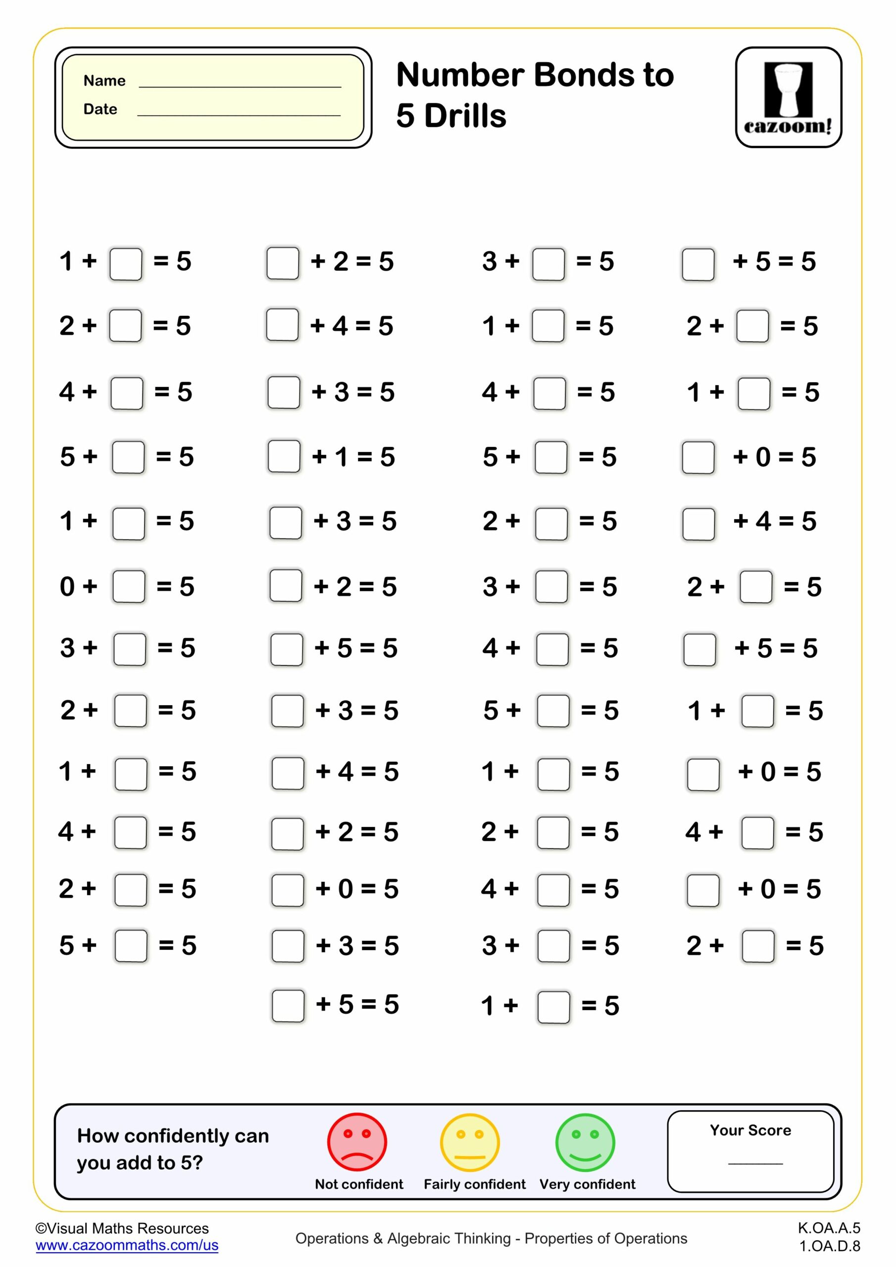 Preview of Number Bonds to 5 drills (50 questions)