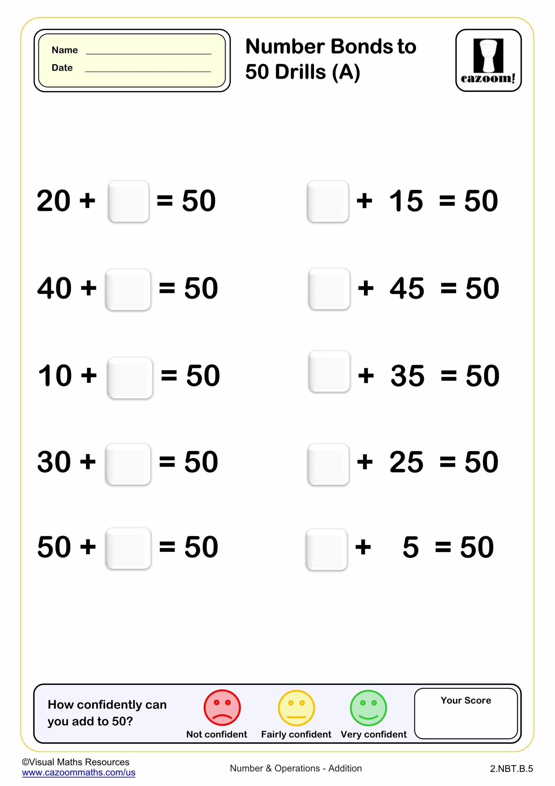 Preview of Number bond to 50 Drills (A) (10 questions)