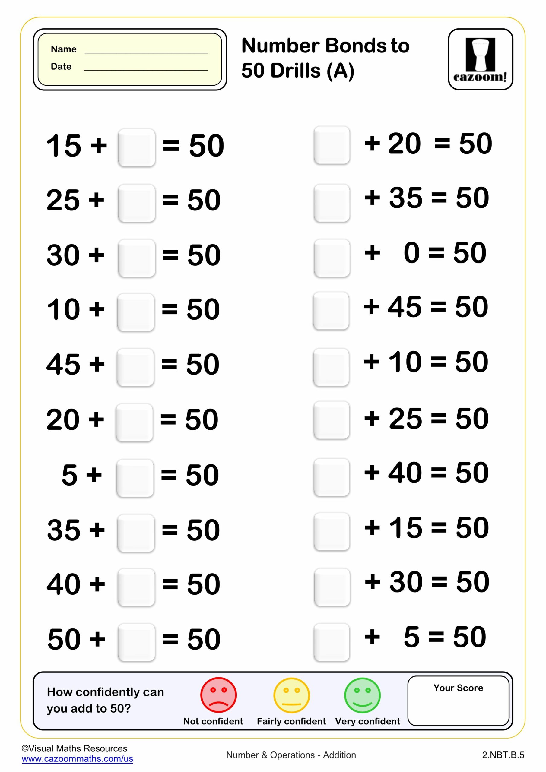 Preview of Number bond to 50 Drills (A) (20 questions)