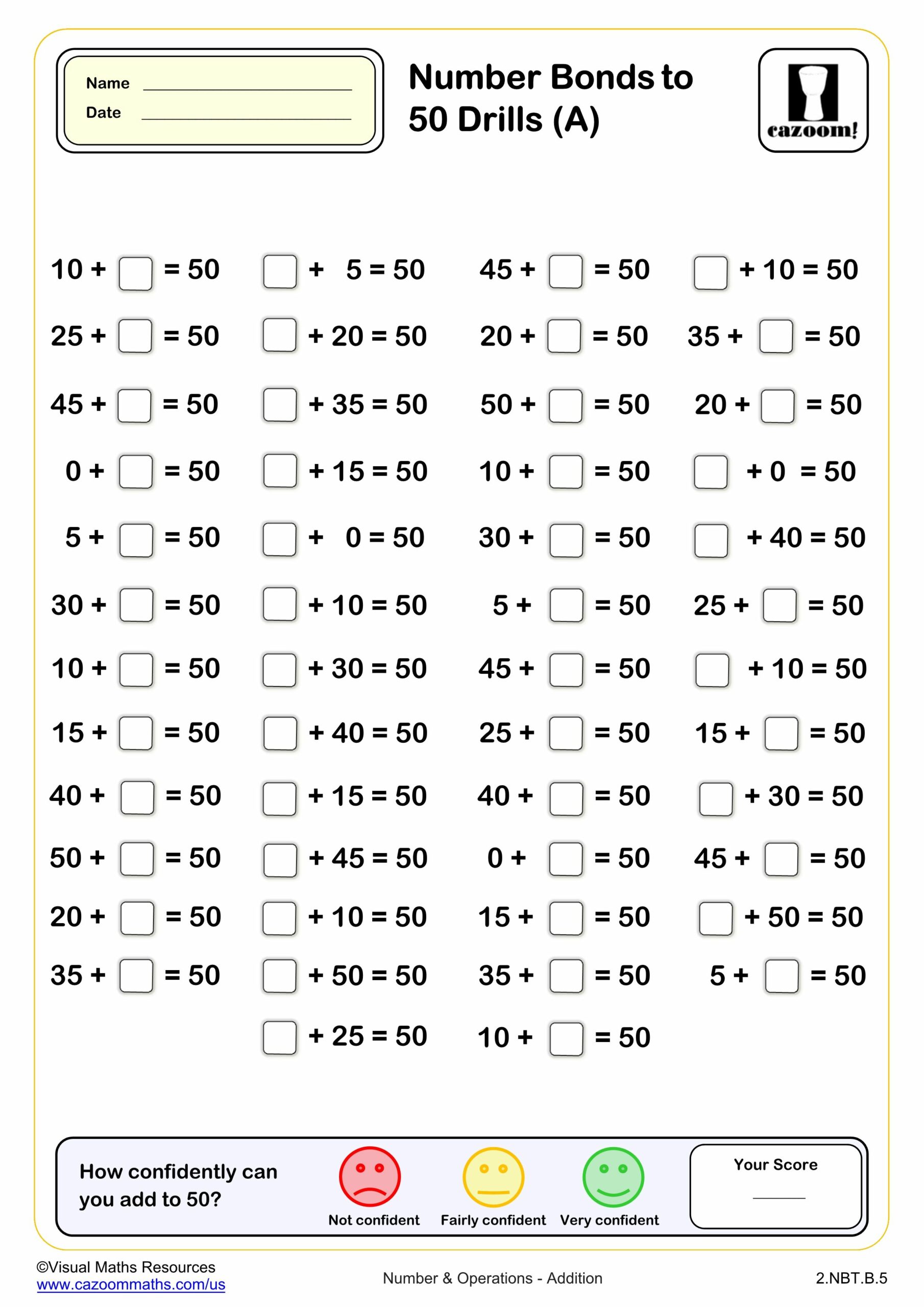 Preview of Number bond to 50 Drills (A) (50 questions)