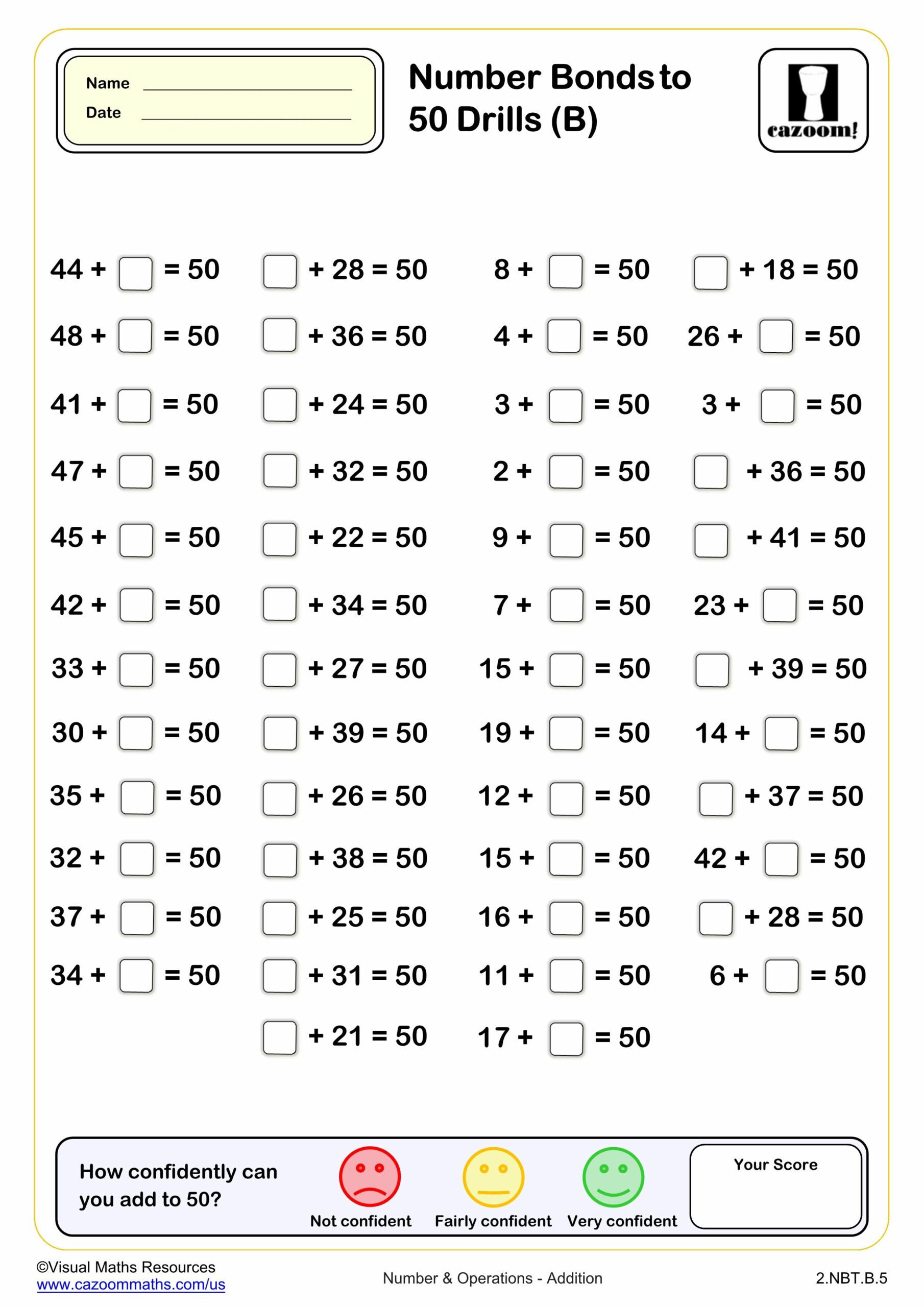 Preview of Number bond to 50 Drills (B) (50 questions)