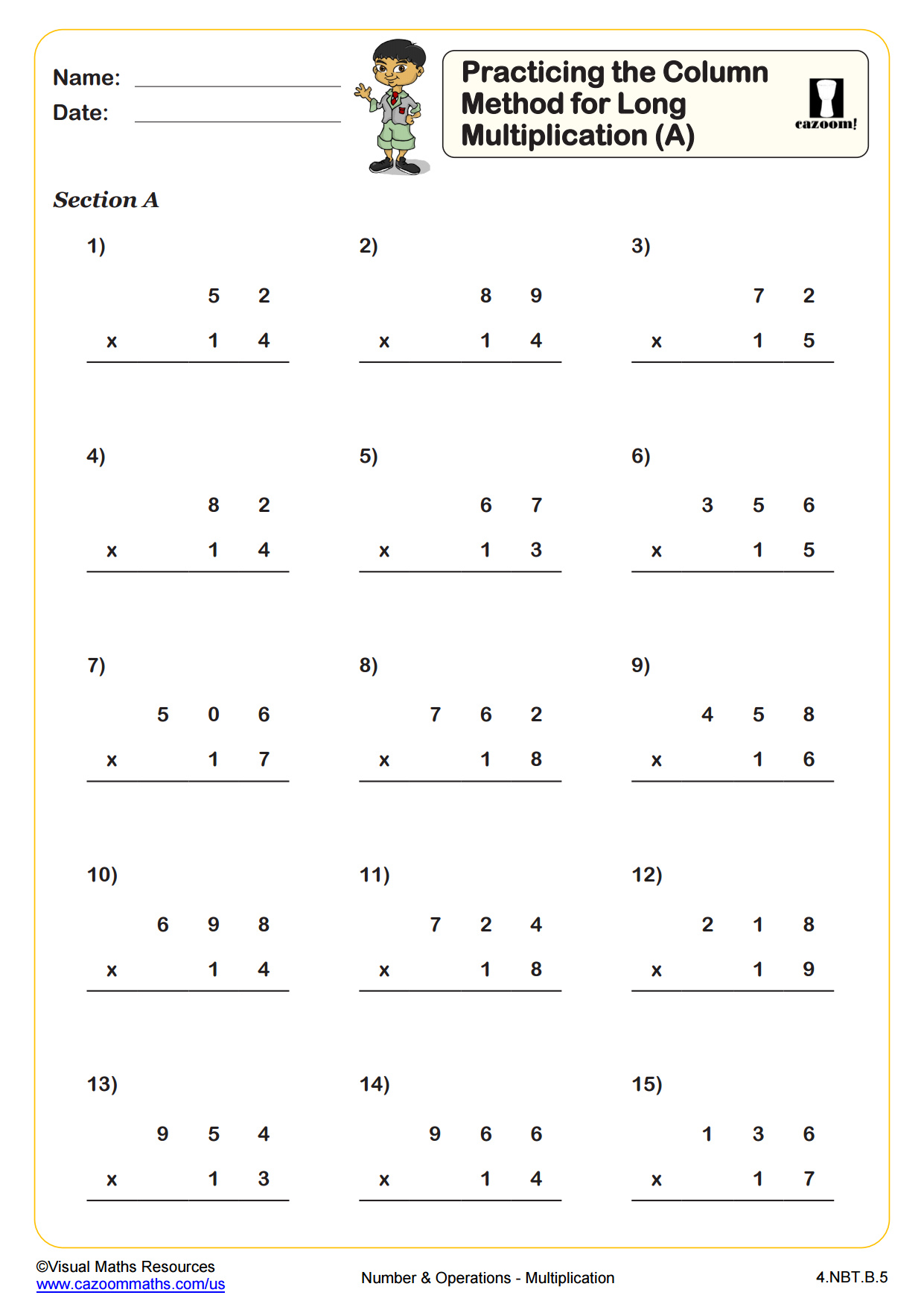 Preview of Practicing the Column Method for Long Multiplication (A)
