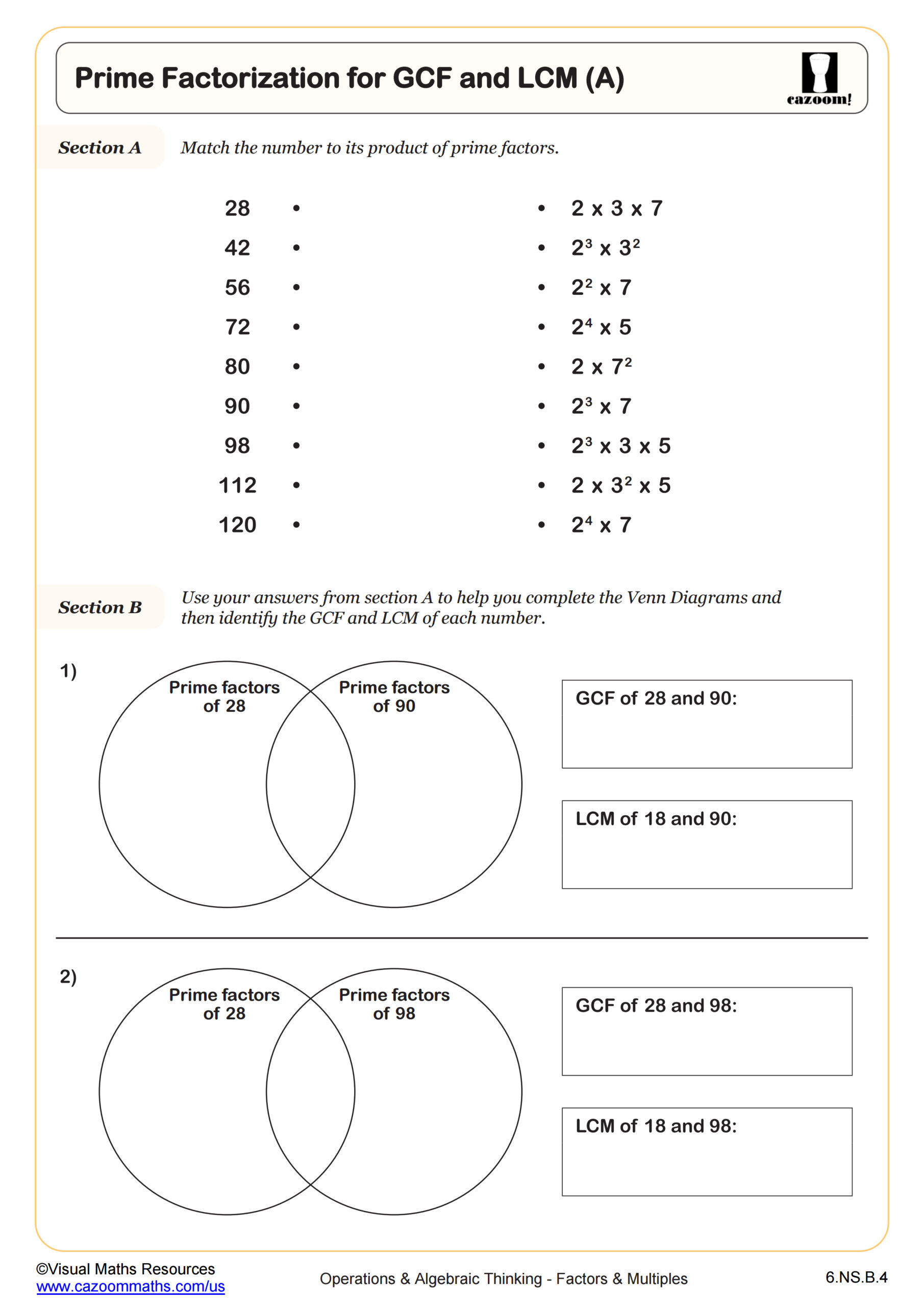 Preview of Prime Factorization for GCF and LCM (A)
