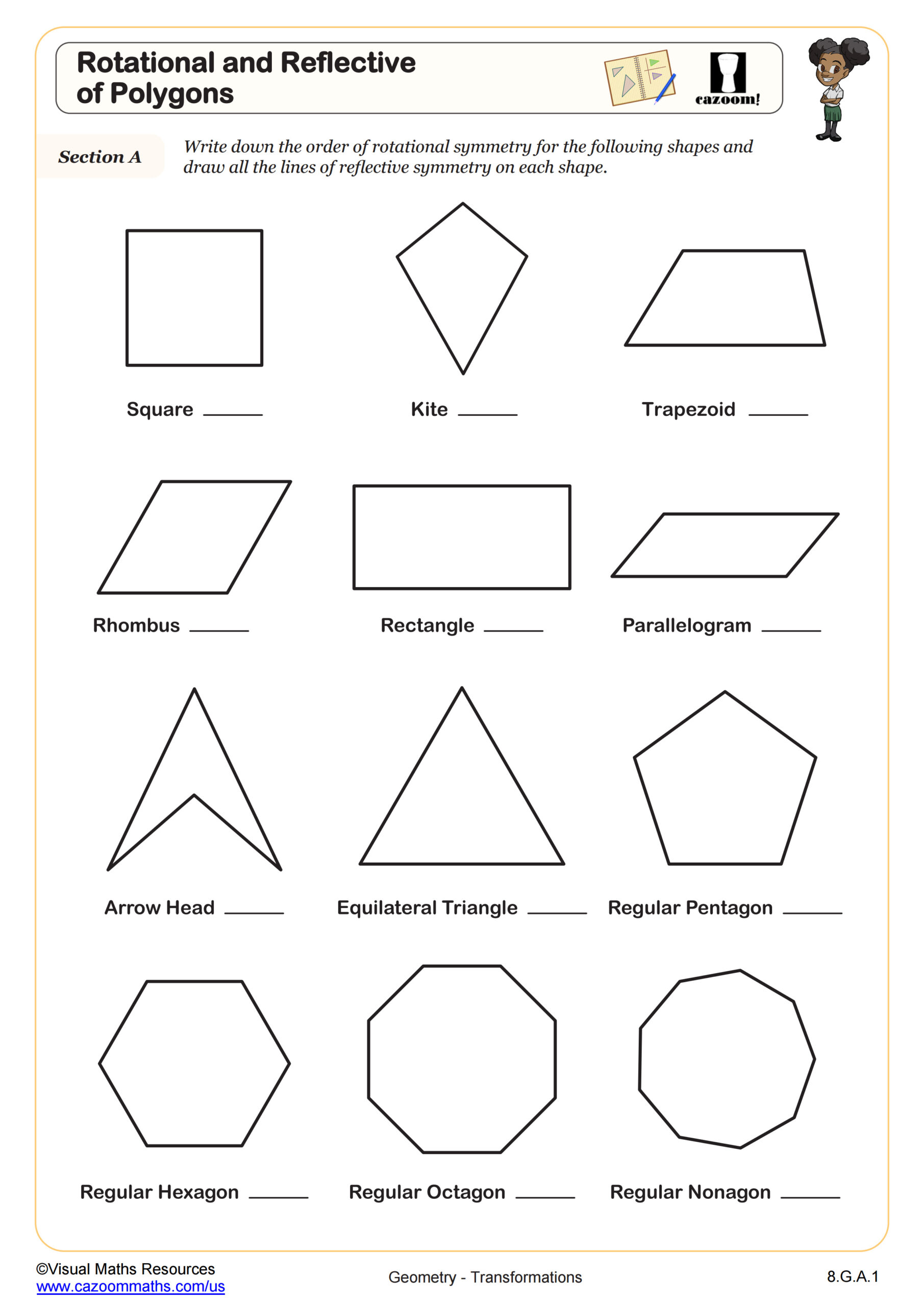 Rotations and Reflections of Polygons Worksheet Rotations and Reflections of Polygons Worksheet suitable for students in 8th Grade