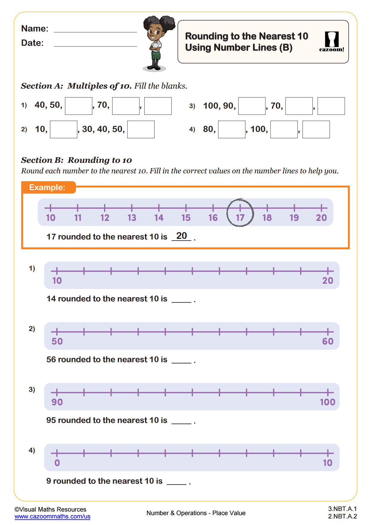 Preview of Rounding Numbers to the Nearest 10 Using Number Lines (B)