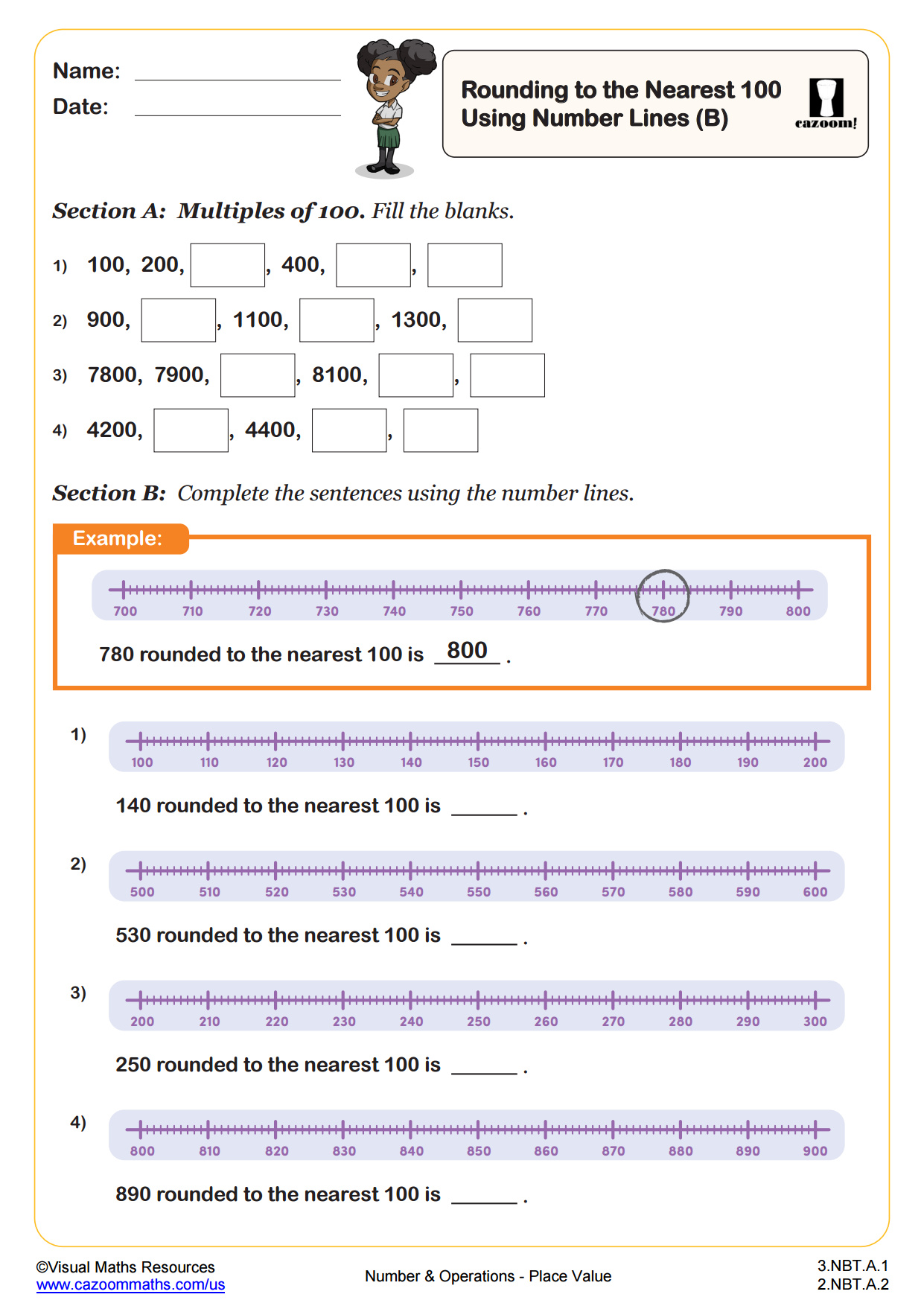 Preview of Rounding Numbers to the Nearest 100 Using Number Lines (B)