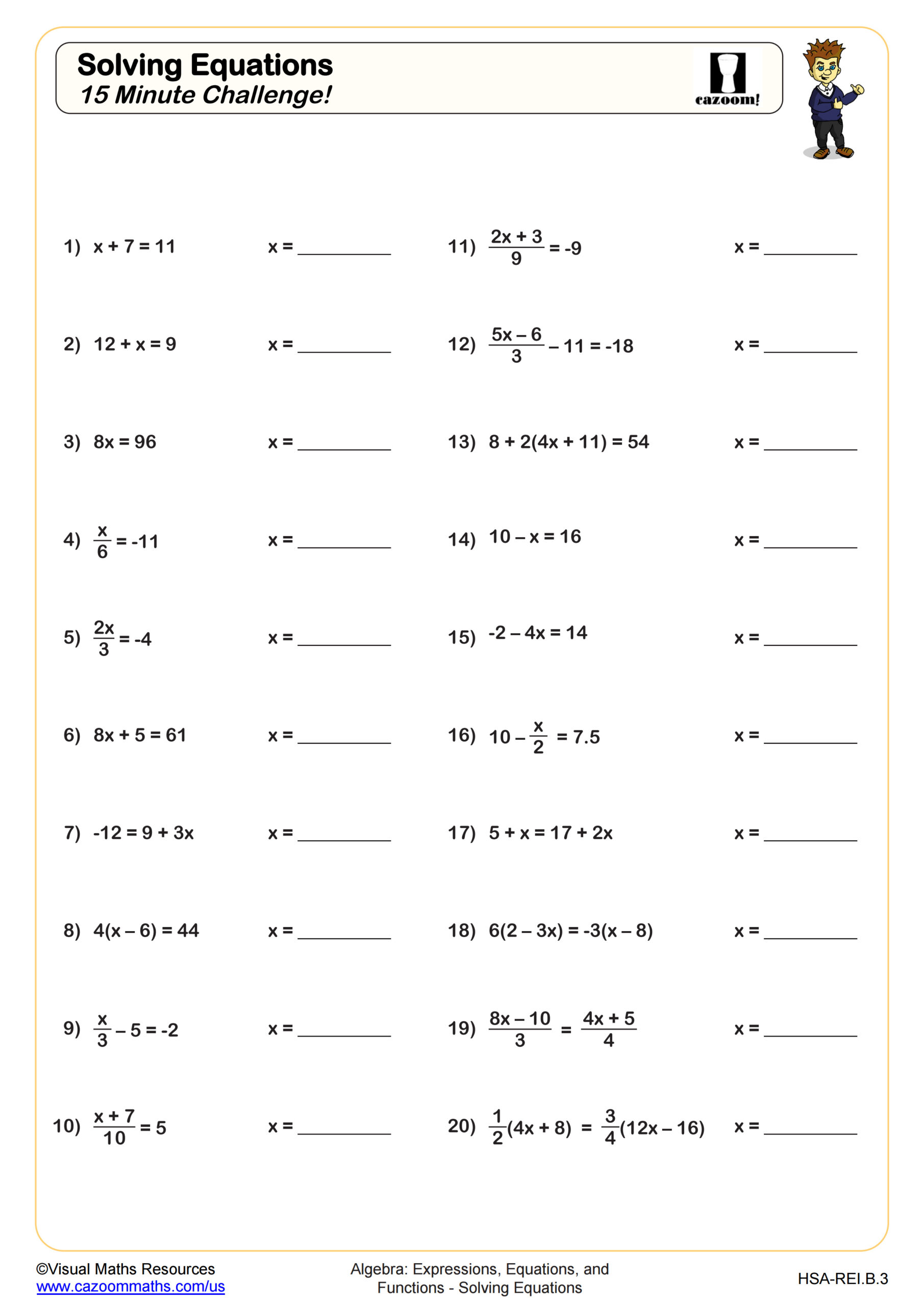 Preview of Solving Equations 15 Minute Challenge