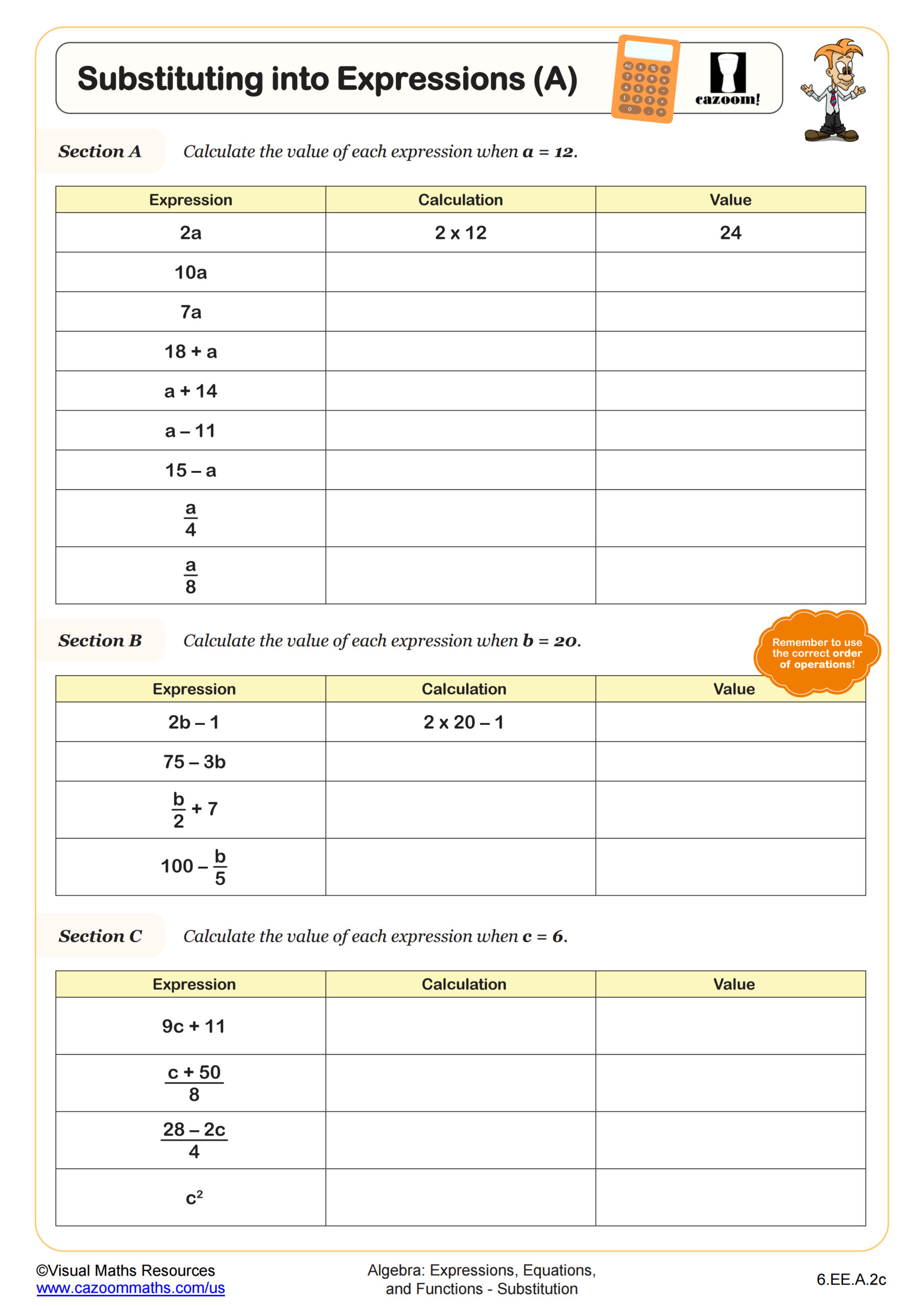 Preview of Substituting into Expressions (A)