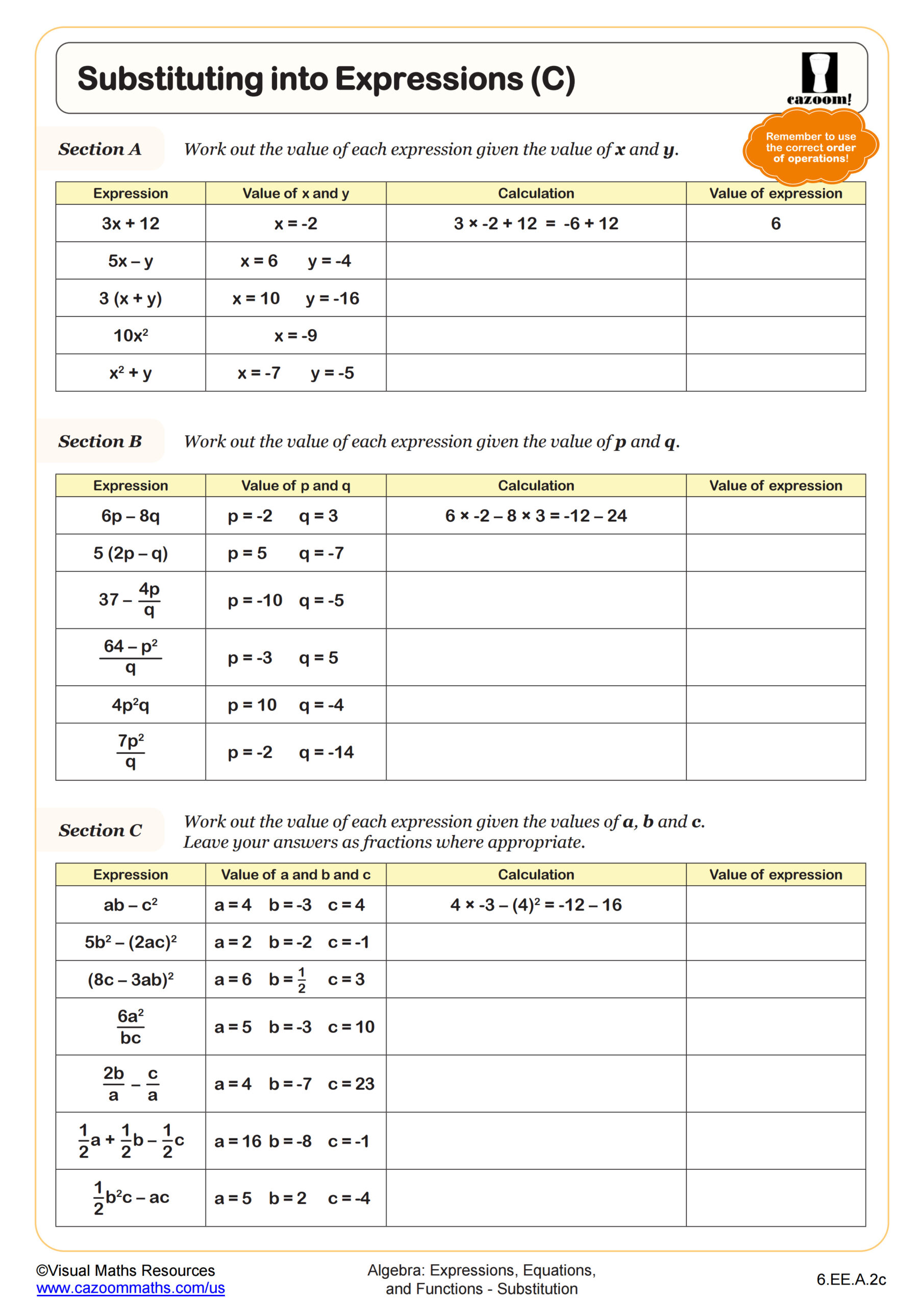Preview of Substituting into Expressions (C)