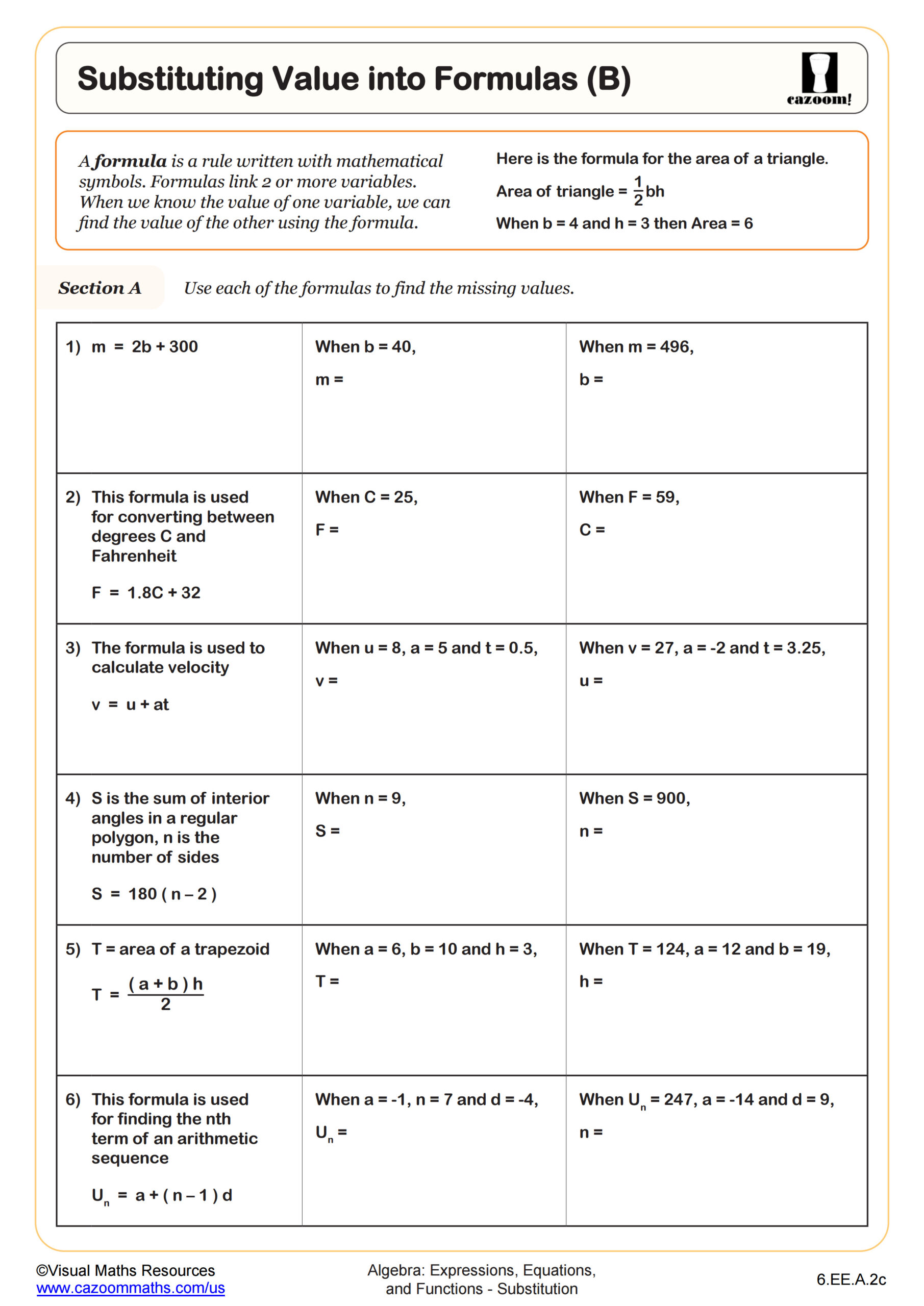 Preview of Substituing Value into Formulas (B)