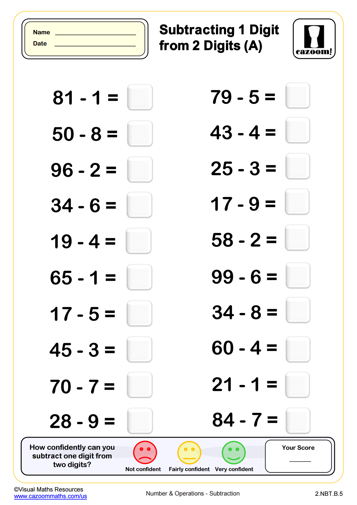 Preview of Subtracting 1 Digit from 2 Digits (A)